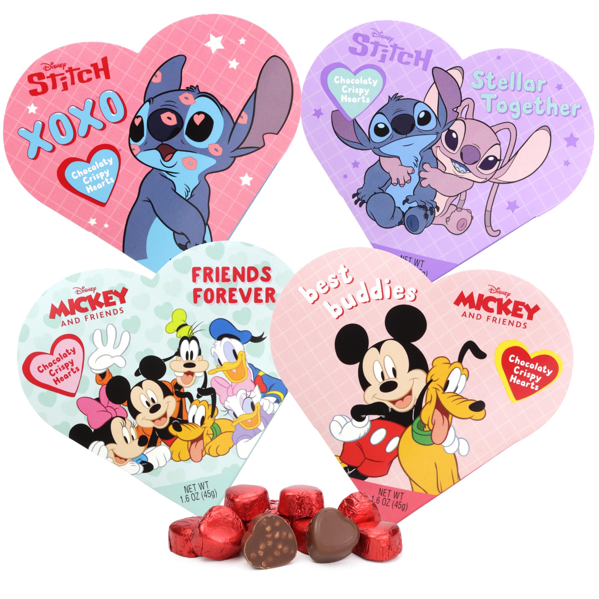 Disney Mickey, Minnie and Stitch Mini Heart Boxes with Chocolatey Candies, Valentines Candy Gift Set, 1.6 Ounces Each, Pack of 4
