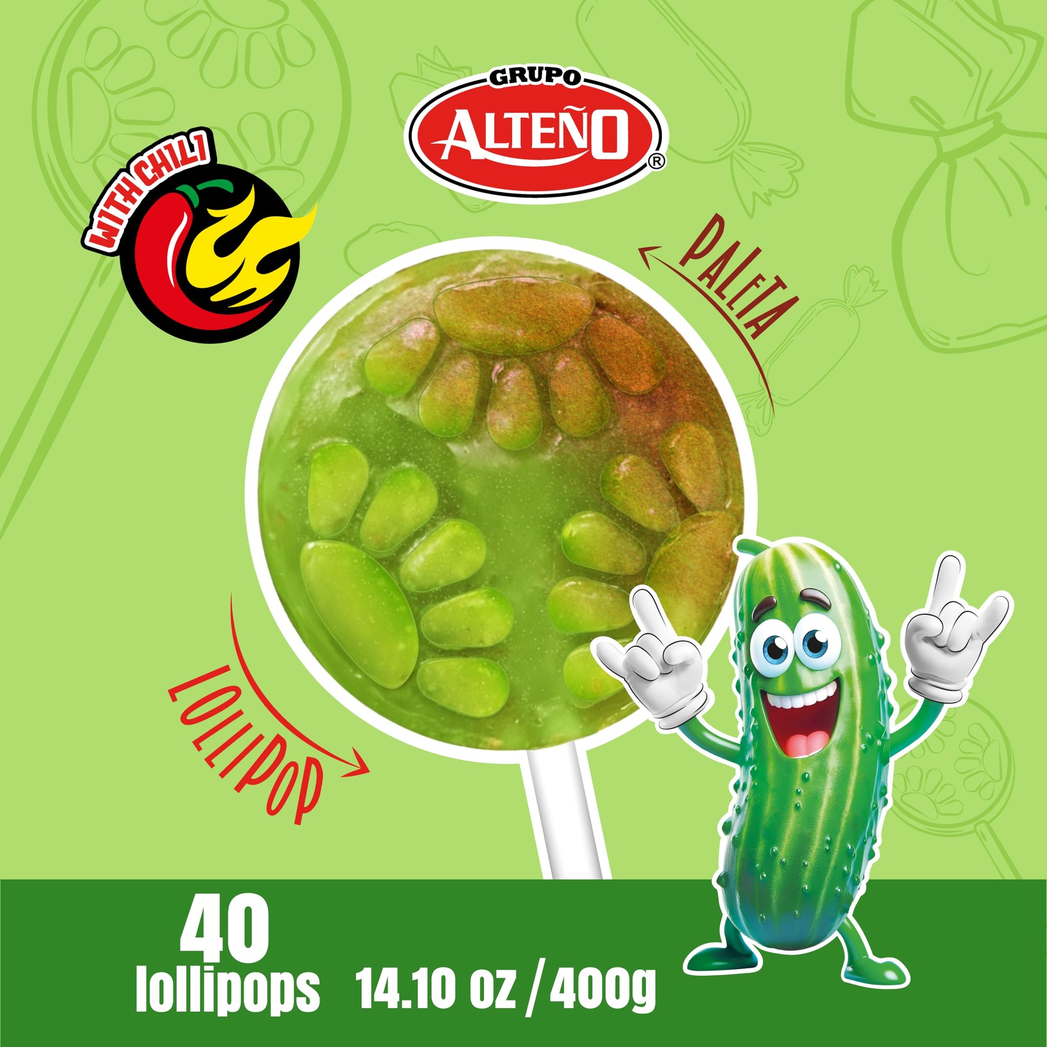 Alteño (Alteno) Super Pepino Cucumber Chili Lollipops, Mexican Style Spicy Candy, Individually Wrapped, 40 Count
