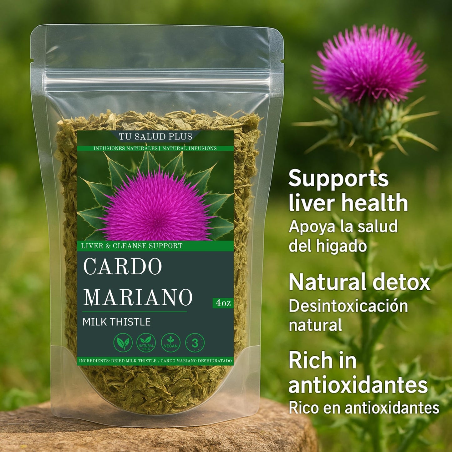 Tu Salud Plus 4oz Milk Thistle Liver Detox Supplement - Cardo Mariano Extract for Liver Cleanse, Supports Healthy Liver Function and Detoxification