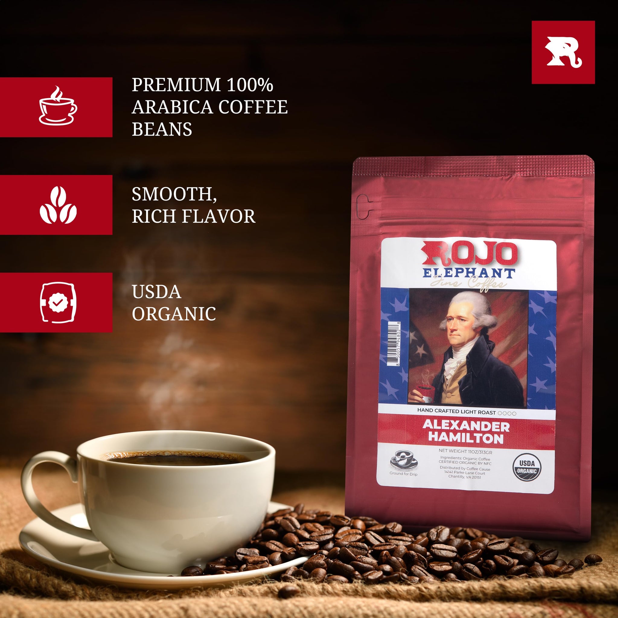 Rojo Elephant Alexander Hamilton Coffee, Veteran-Owned, USDA Organic Ground, Light Roast, 100% Arabica, Smooth, Bold Flavor - 11 oz