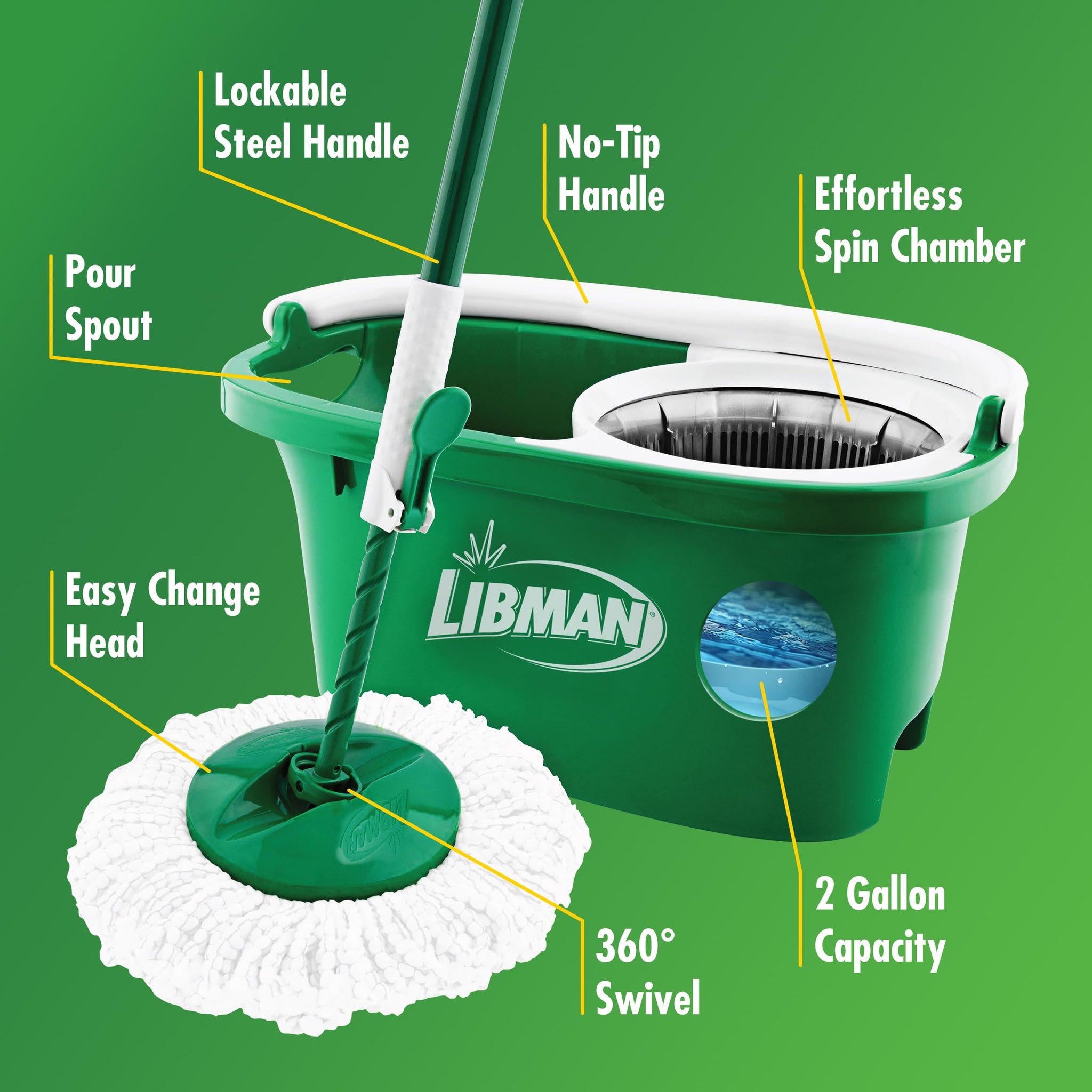 Libman Tornado Spin Mop System and 1 Refill, Mop and Bucket with Wringer Set for Hardwood Floor Cleaning, 2 Total Heads Included