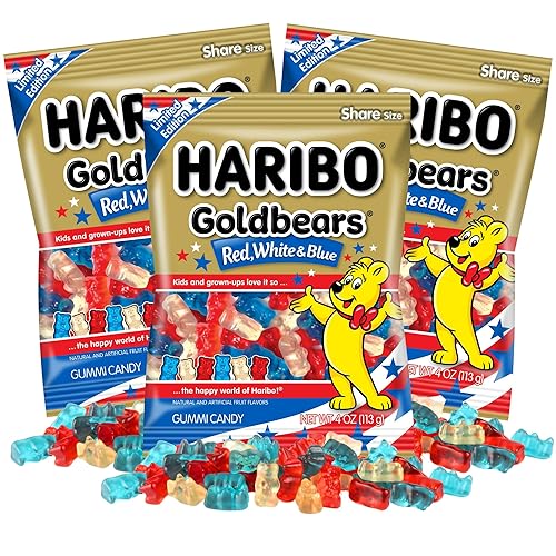 Haribo Goldbears Patriotic 4th of July Gummy Bears, Red, White, and Blue Candy, Independence Day, 4 Ounces, Pack of 3