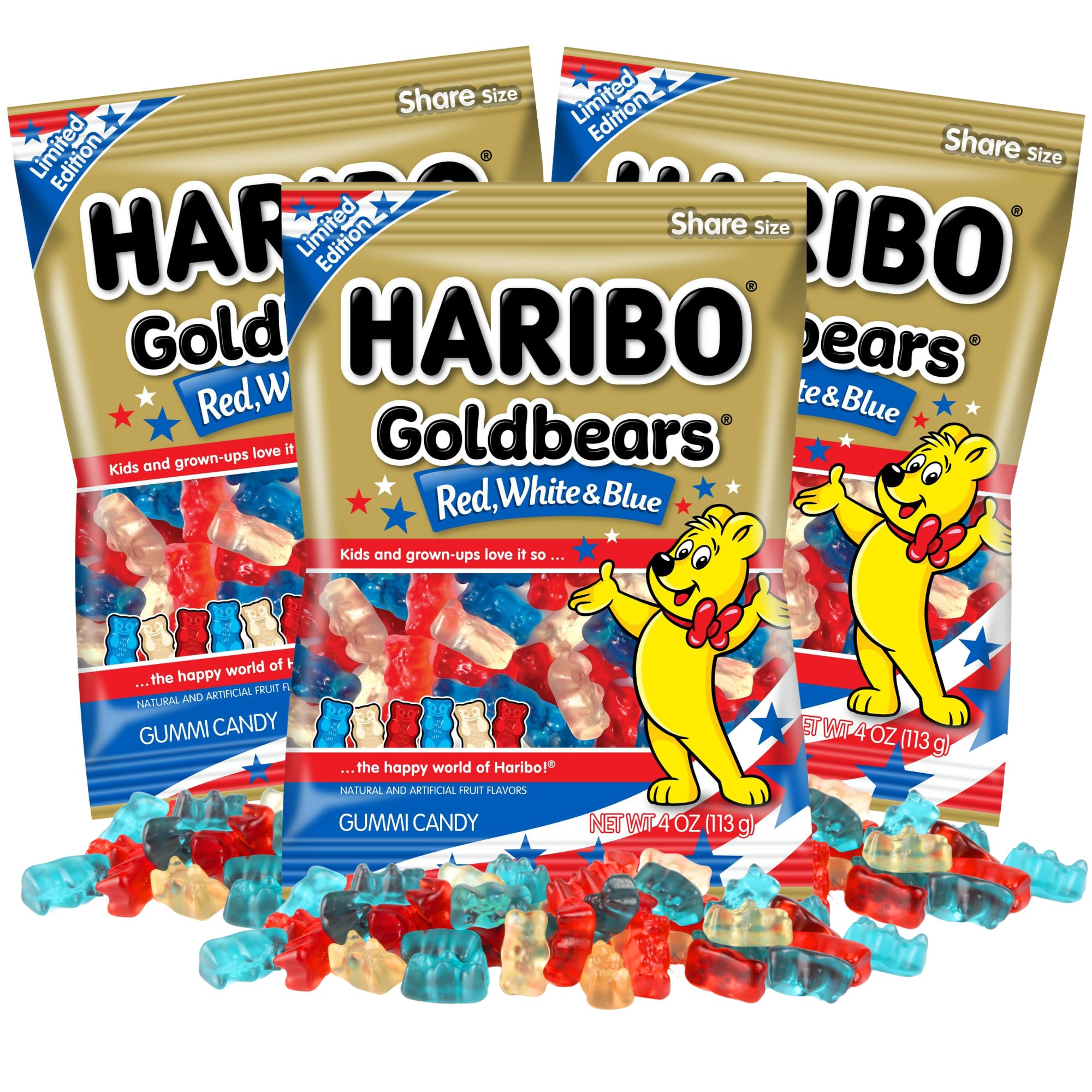 Haribo Goldbears Patriotic 4th of July Gummy Bears, Red, White, and Blue Candy, Independence Day, 4 Ounces, Pack of 3