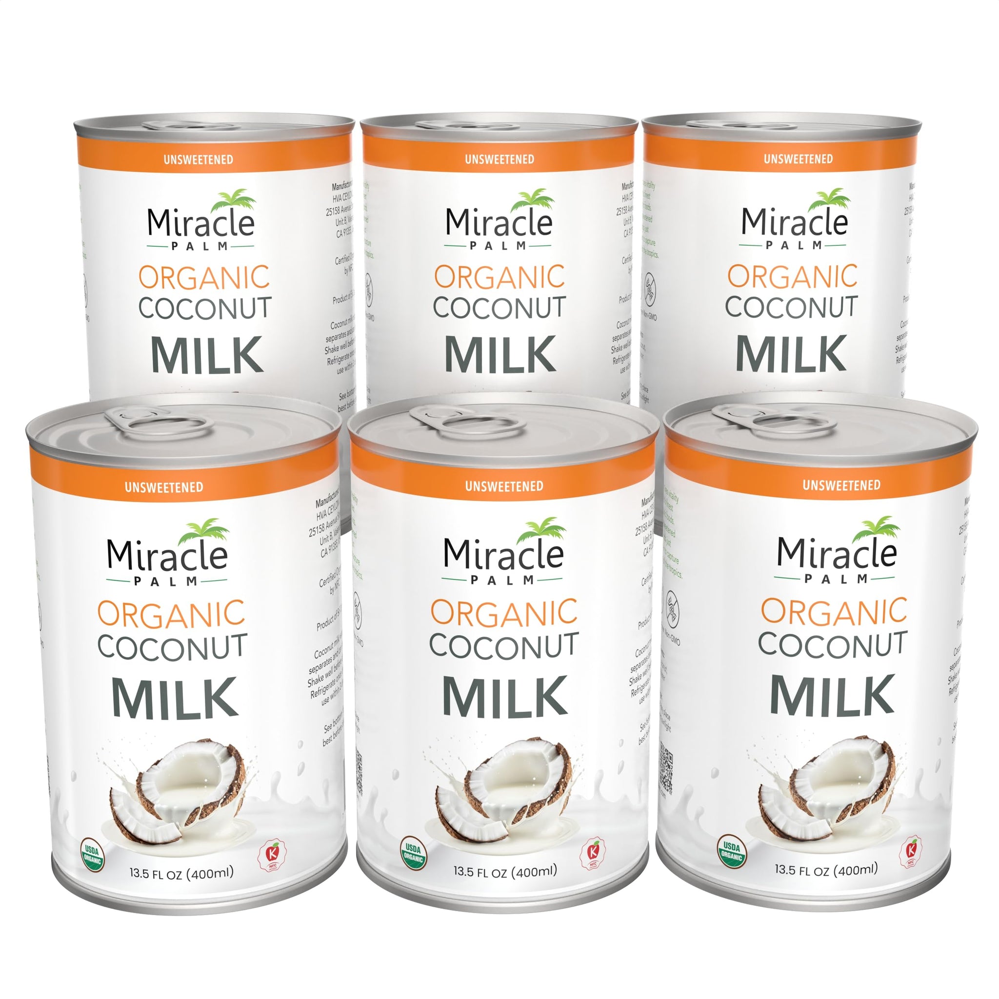 Miracle Palm Organic Coconut Milk Unsweetened - No Gums or Preservatives, Vegan, Dairy Free, Gluten Free, 13.5 Fl Oz Cans (Pack of 6)