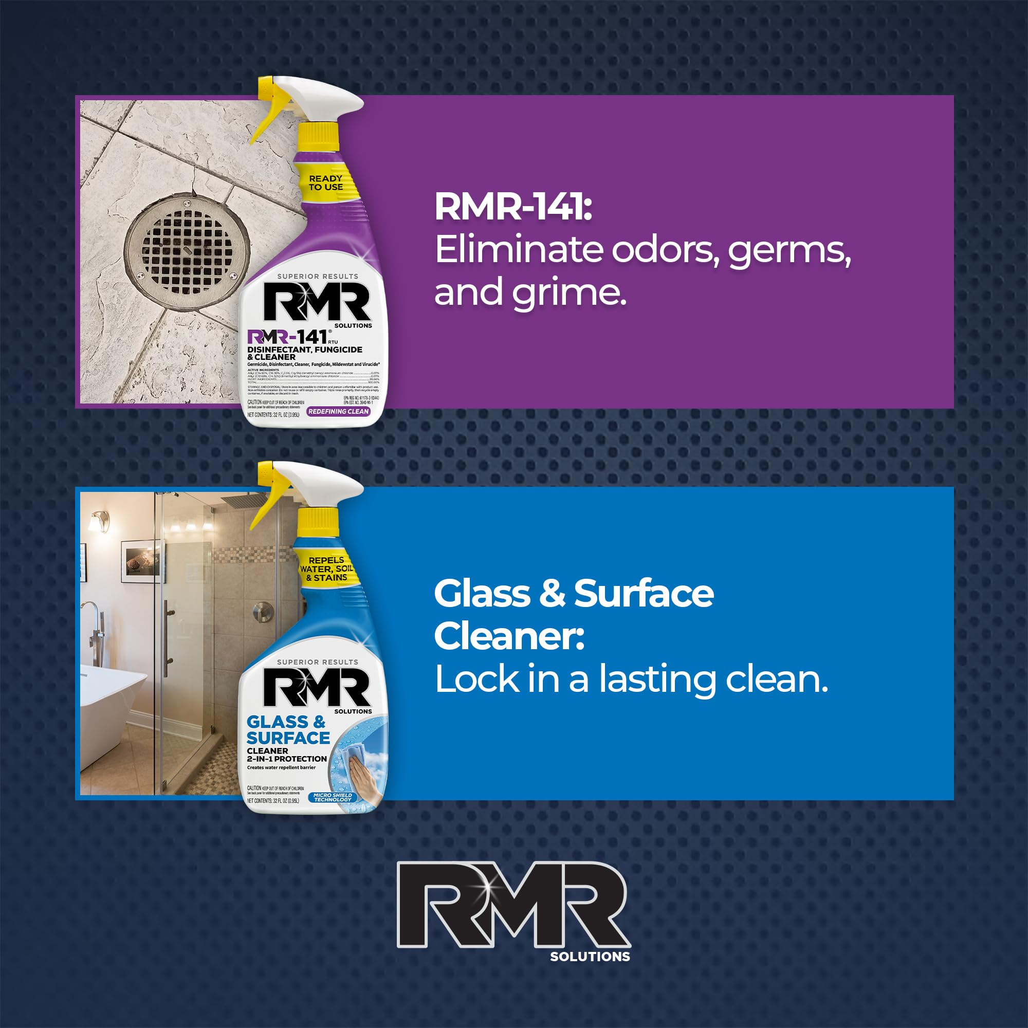 RMR Defend & Detail Duo - RMR-141 EPA Registered Mold & Mildew Spray + Glass & Surface Cleaner/Repellent, 2-Step Clean & Protect System for Glass
