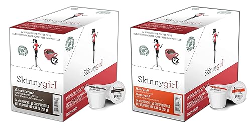 Skinnygirl Flavored Coffee Pods, Single Serve Coffee for Keurig K Cups Machines, 24 Count Americano Espresso Roast and 24 Count Half-Caff Reduced