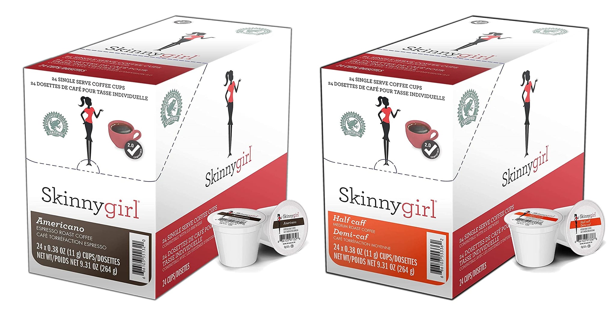 Skinnygirl Flavored Coffee Pods, Single Serve Coffee for Keurig K Cups Machines, 24 Count Americano Espresso Roast and 24 Count Half-Caff Reduced
