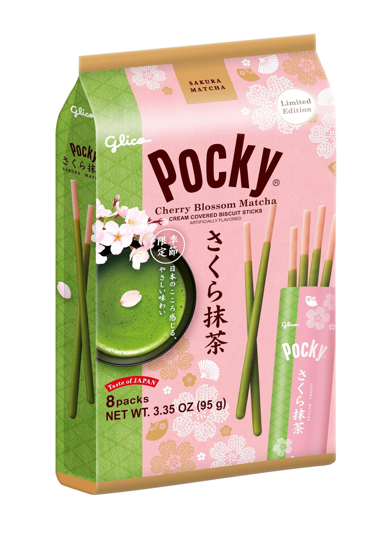 Pocky Cherry Blossom Matcha Biscuit Sticks - Limited Edition Sakura & Matcha Flavor, Crispy Biscuit Sticks Coated in Green Tea Cream, 2.47oz (1 Pack)