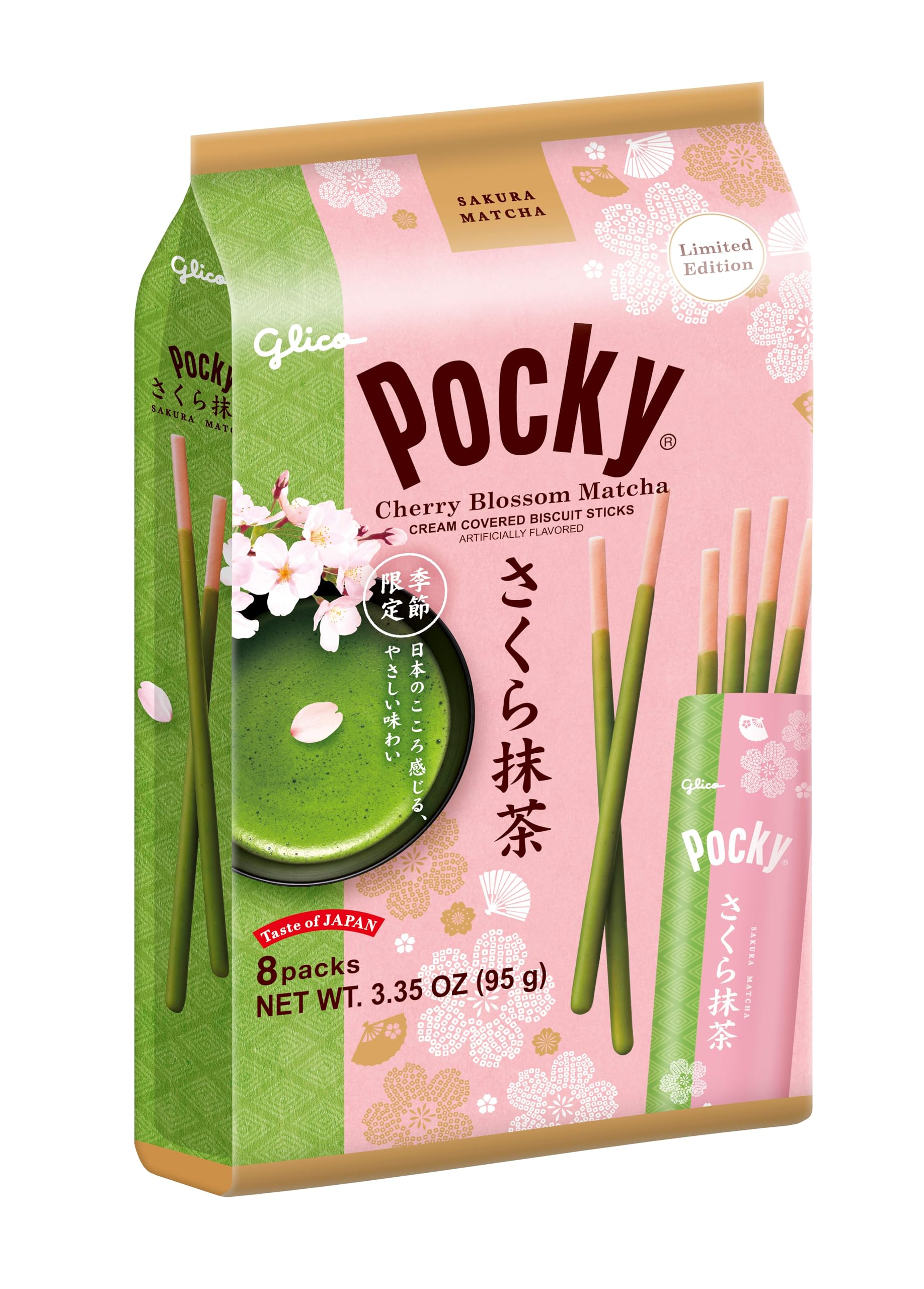 Pocky Cherry Blossom Matcha Biscuit Sticks - Limited Edition Sakura & Matcha Flavor, Crispy Biscuit Sticks Coated in Green Tea Cream, 2.47oz (1 Pack)