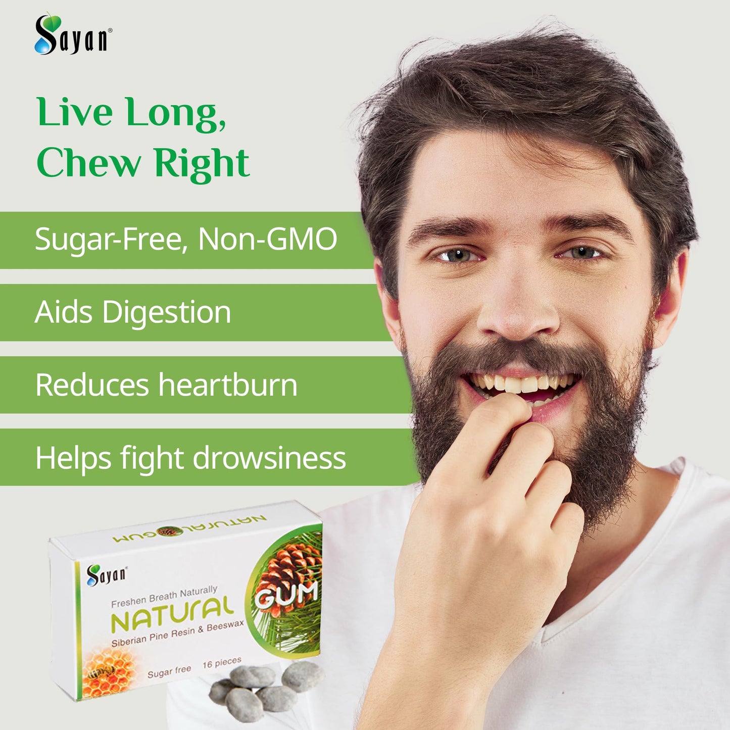 Sayan Sugar Free All Natural Gum, Siberian Pine Tree Resin and Beeswax Chewing Gum for Fresh Breath, Vegetarian, Non-GMO, No Sugar, Gluten Free