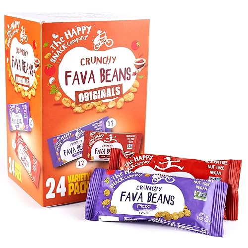 The Happy Snack Company Fava Beans Variety Pack 24 x 1 oz (Smoky BBQ Flavor and Pizza Flavor). High Fiber Vegan Protein Snacks for Adults and Kids