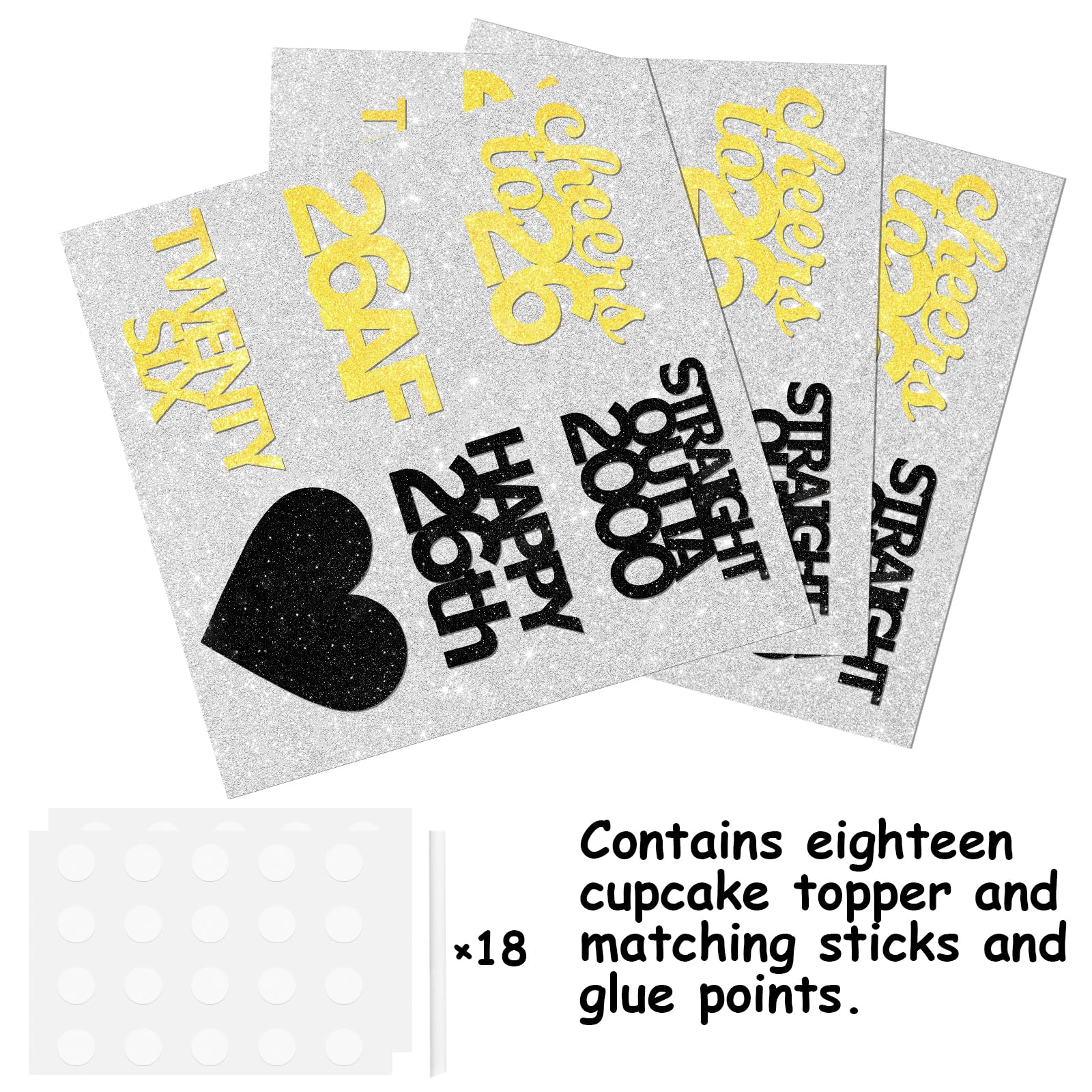 18pcs Black Gold Glitter Dessert Cupcake Pick for Straight Outta 2000 Cheer to 26 Years Old Theme Decor Supplies Happy 26th Birthday Party Decoration