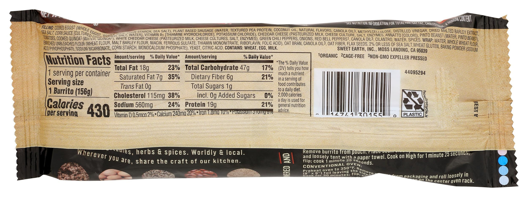 Sweet Earth Protein Lover's Vegetarian Breakfast Burrito, Frozen Burrito, 5.5 Oz