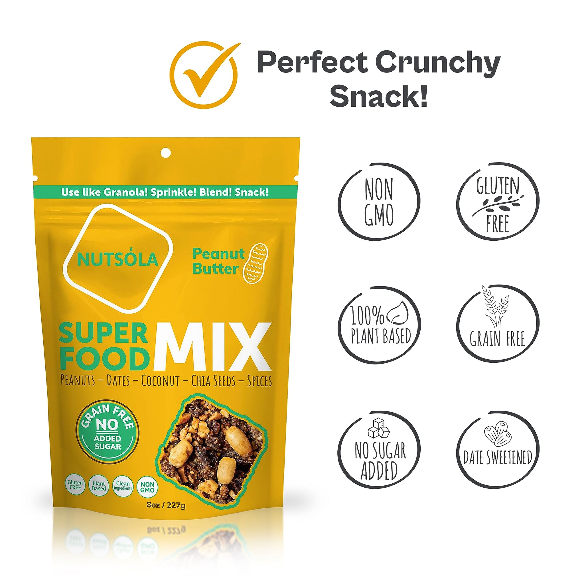NUTSÓLA Peanut Butter Superfood Mix - Gluten Free Snacks & Grain Free Granola Alternative, No Added Sugar, Date Sweetened, Plant Based, Paleo Snacks