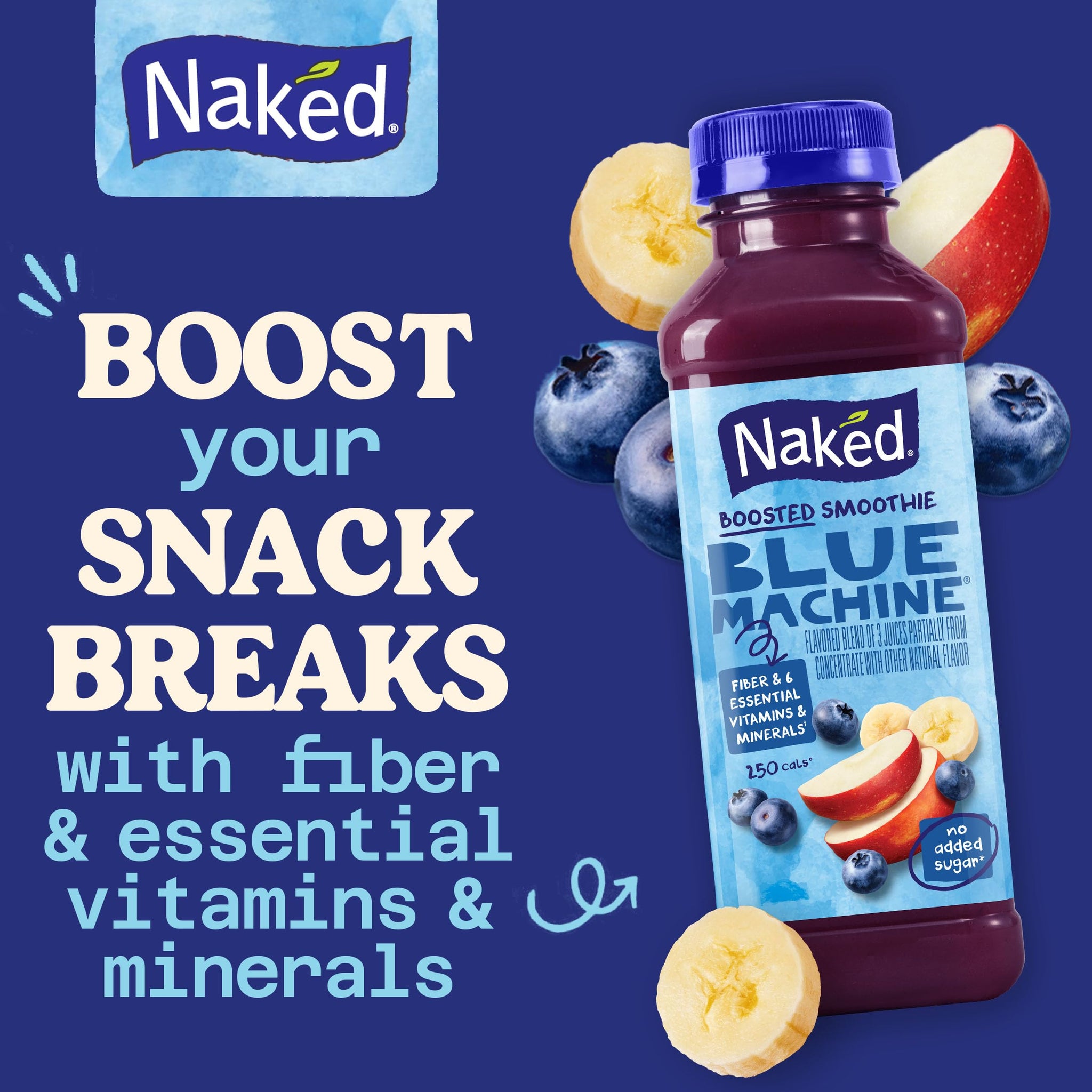 Naked Boosted Smoothie Blue Machine, 15.2 fl oz Bottle - Real Fruit Juice Smoothie with Fiber, Excellent Source of Vitamin C and Vitamin E for Immune
