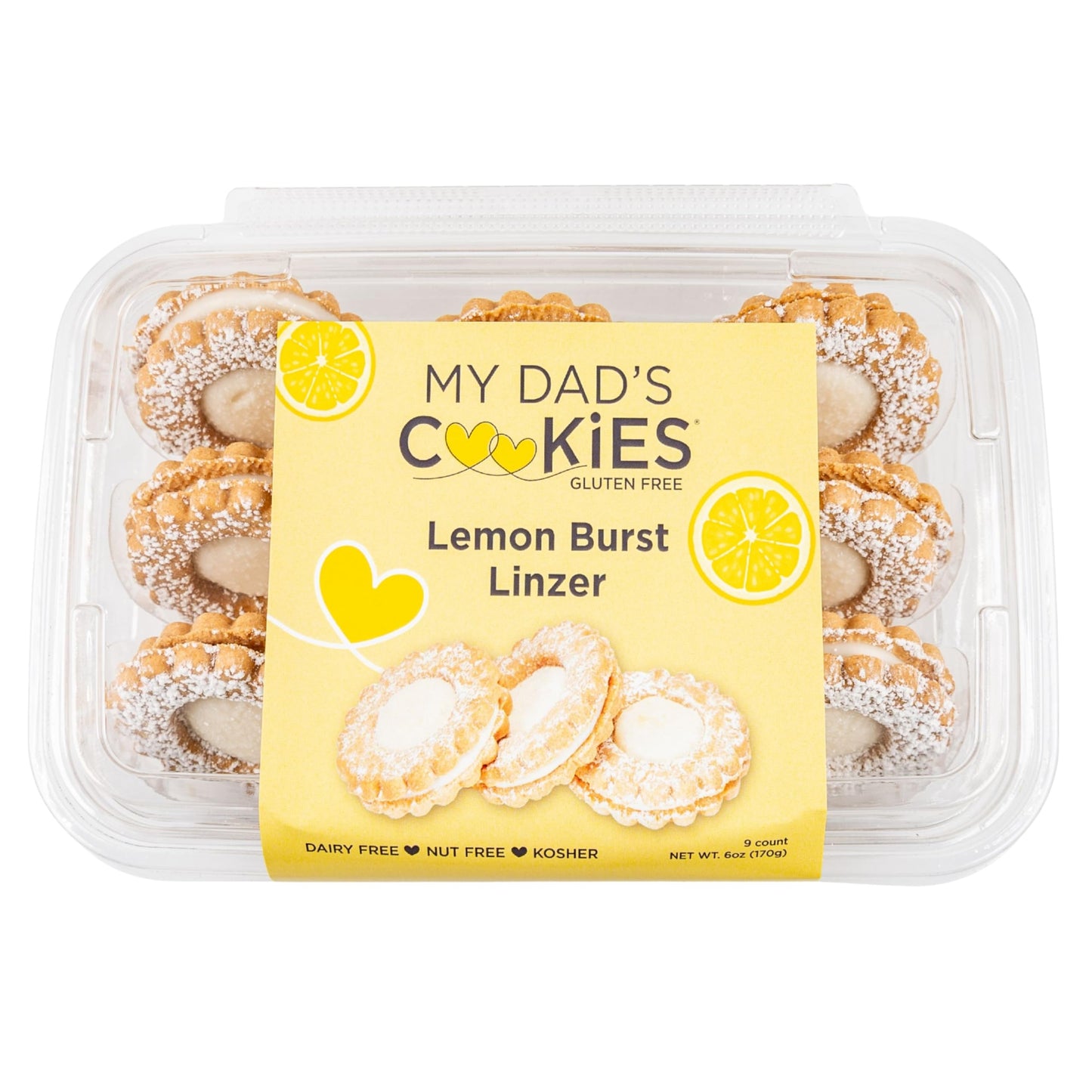 My Dad's Cookies Gluten Free Lemon Burst Cream Filled Linzer Sandwich Cookies with Powdered Sugar - Dairy-Free, Kosher, Nut-Free, Italian Style