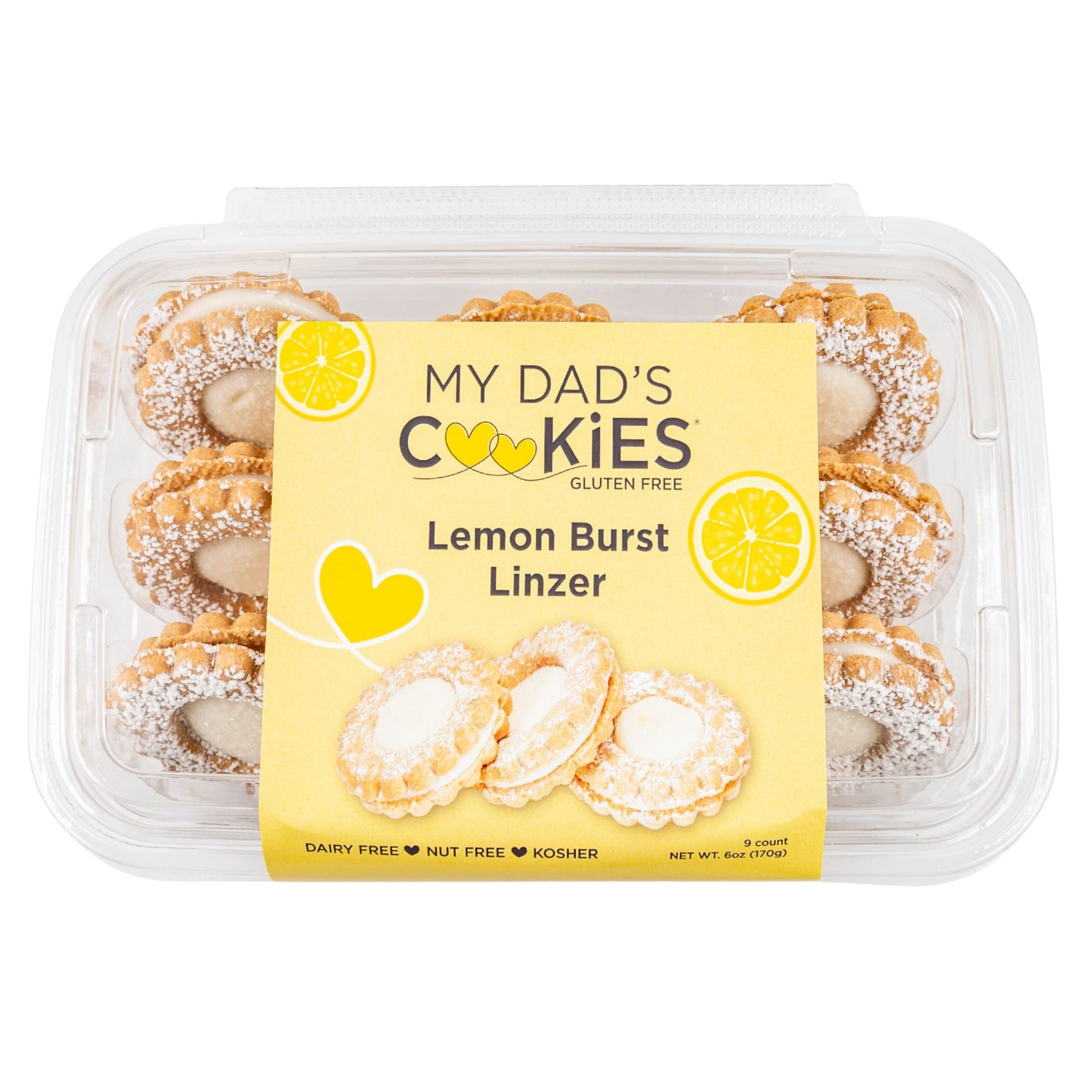 My Dad's Cookies Gluten Free Lemon Burst Cream Filled Linzer Sandwich Cookies with Powdered Sugar - Dairy-Free, Kosher, Nut-Free, Italian Style