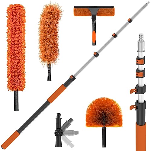 TONYINGO 26FT High Reach Duster Kits with 5-20FT Extension Pole, Cobweb Duster with Telescoping Pole, Washable Ceiling Fan Cleaner & Window Squeegee