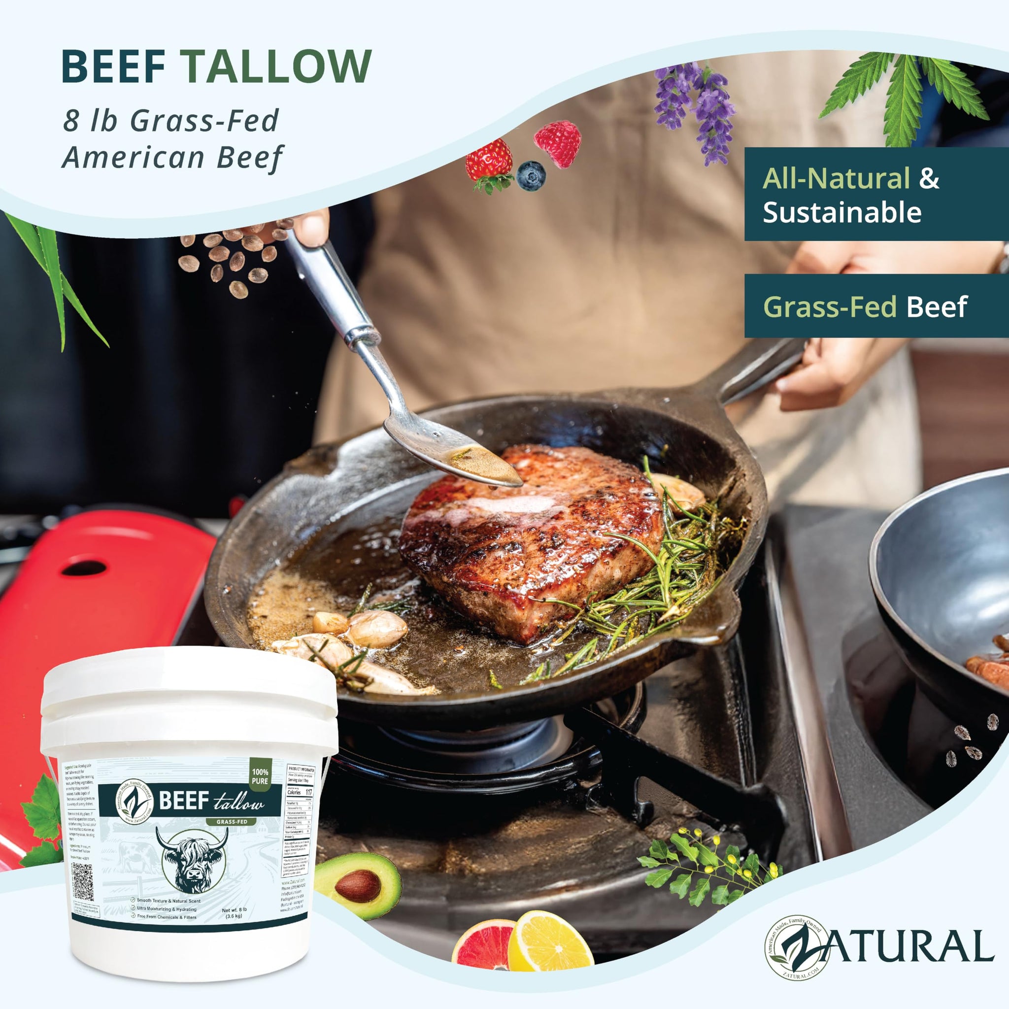 Zatural 100% Pure Grass-Fed Beef Tallow ~1 Gallon, 8 lbs - Deodorized & Refined Food-Grade Fat for Cooking, Frying, Skincare, Soap Making & DIY Balms