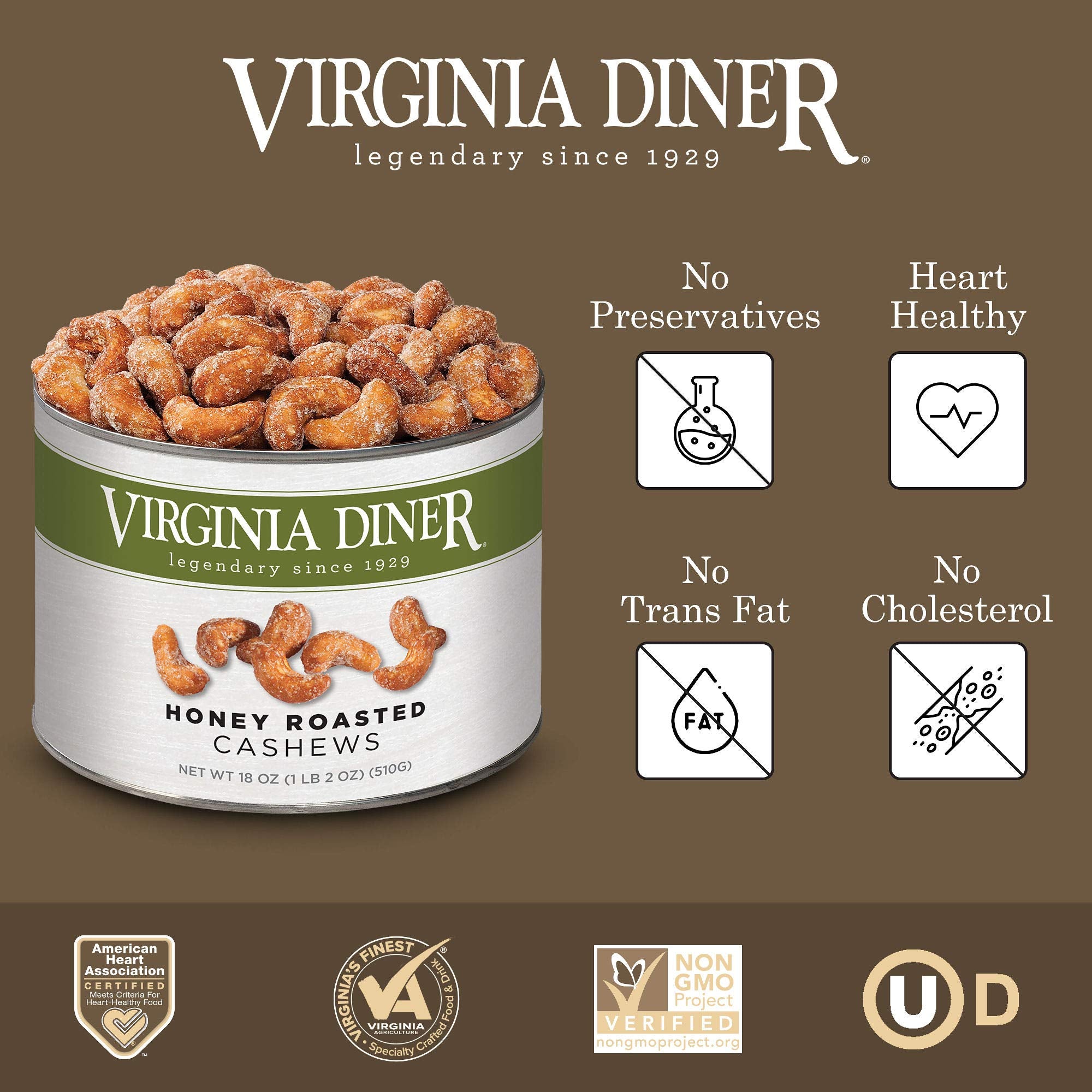 Virginia Diner Honey Roasted Cashew - Jumbo Honey Roasted Gourmet Cashews Gift Tin Non-GMO, Preservative Free Gifts from Virginia Since 1929-18 Oz Can