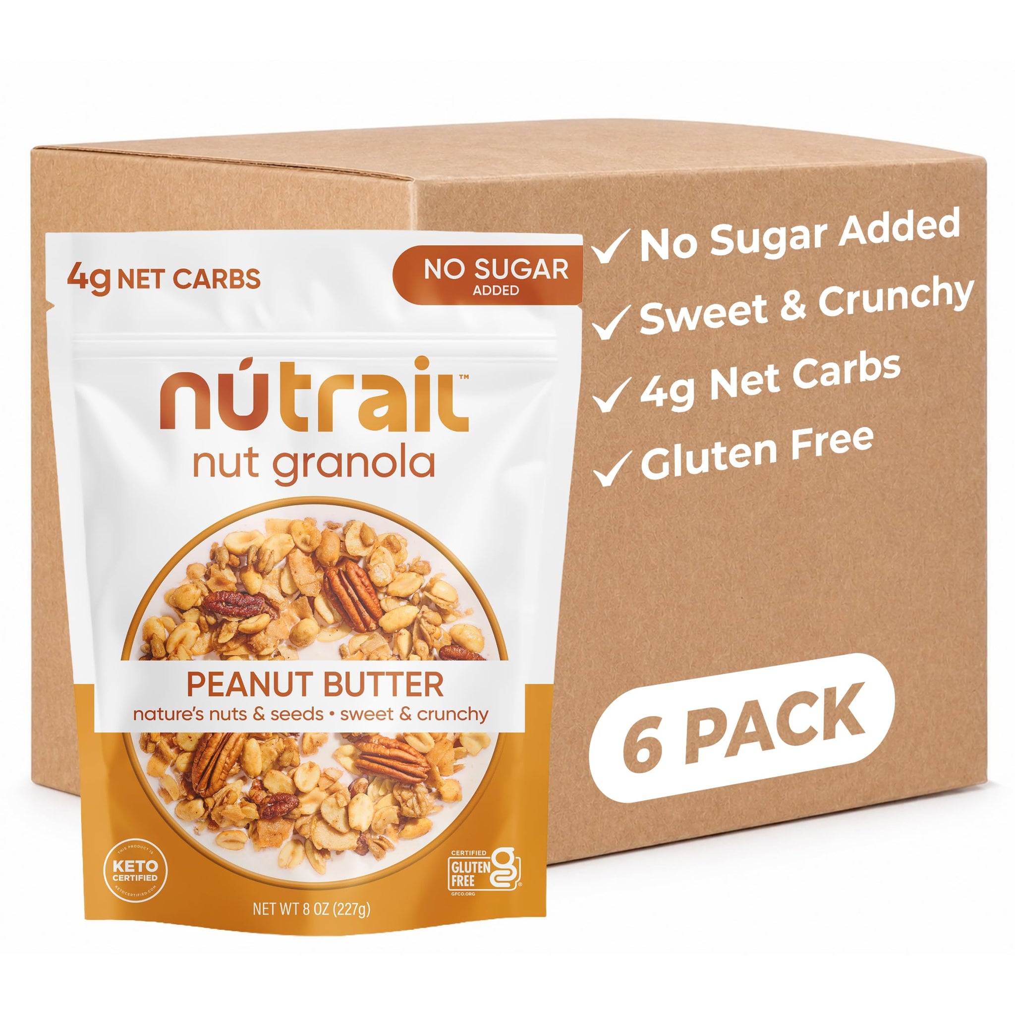 NuTrail Nut Granola, Peanut Butter, No Sugar Added, Gluten Free, Grain Free, Keto, Low Carb, Healthy Breakfast Cereal 8 oz. 6 Count