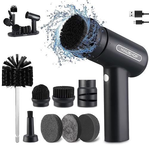 HAUSHOF Electric Spin Scrubber, Cordless Dish Scrubber Brush with 8 Replaceable Heads & 3 Speeds, Power Scrubber Electric Scrubber for Cleaning