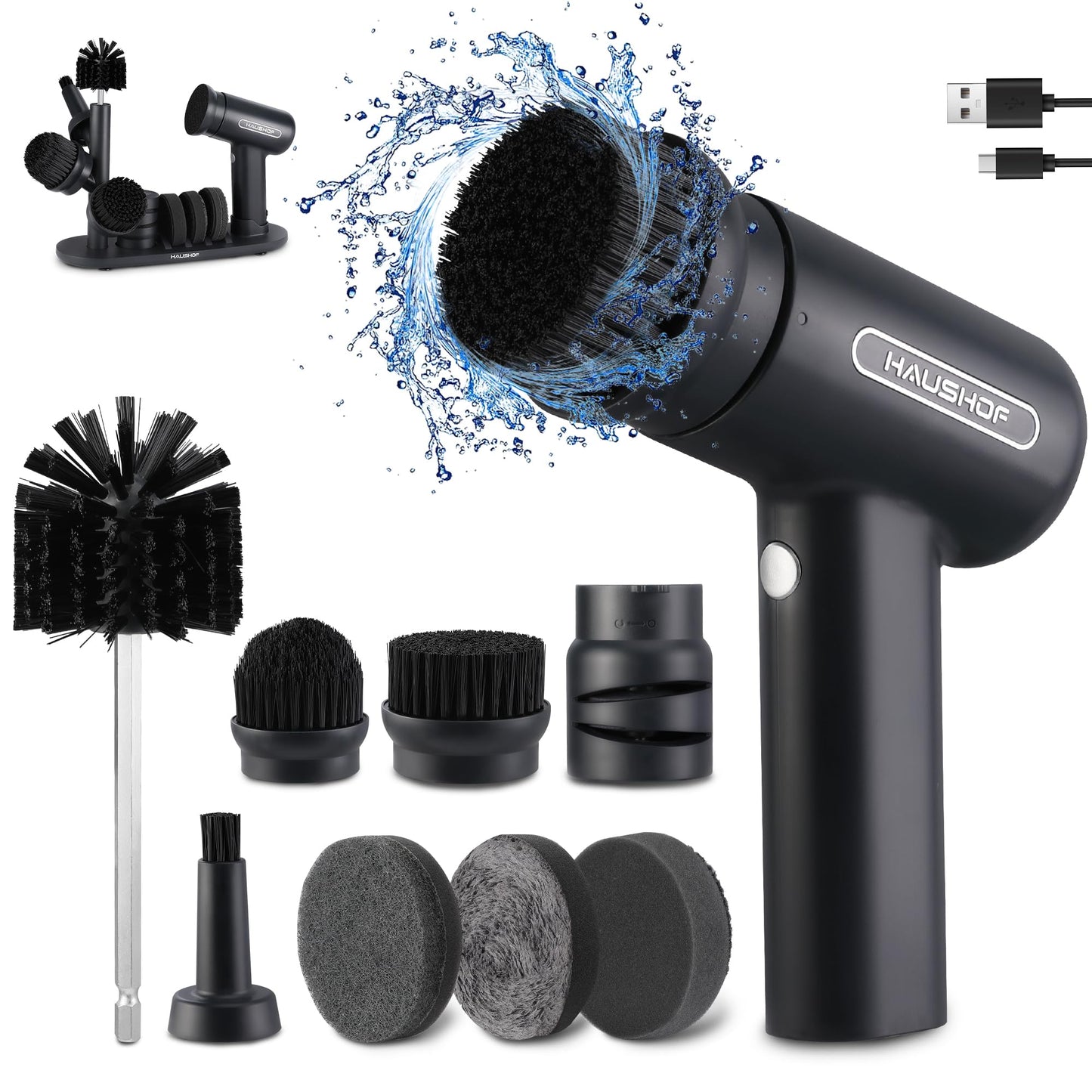 HAUSHOF Electric Spin Scrubber, Cordless Dish Scrubber Brush with 8 Replaceable Heads & 3 Speeds, Power Scrubber Electric Scrubber for Cleaning