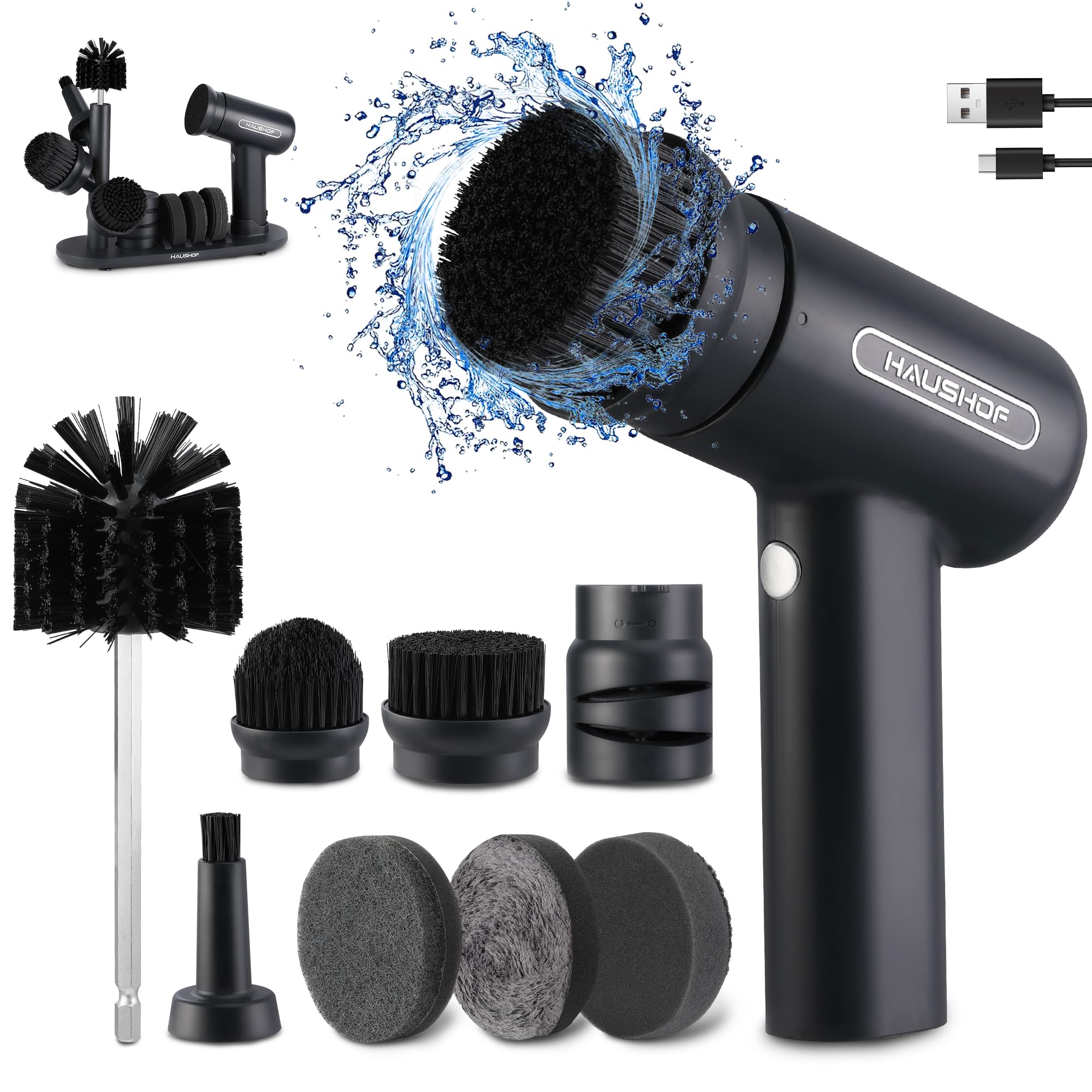 HAUSHOF Electric Spin Scrubber, Cordless Dish Scrubber Brush with 8 Replaceable Heads & 3 Speeds, Power Scrubber Electric Scrubber for Cleaning