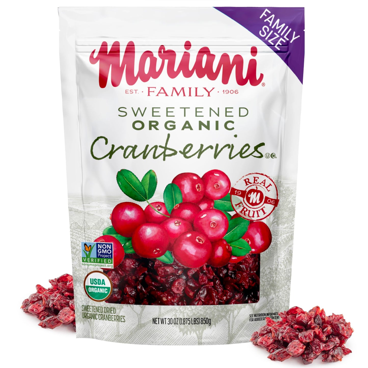 Mariani Organic Dried Cranberries, 30oz, Bulk Family Size Value Pack, Sweetened Organic Cranberries Dried Fruit, Vegan, Gluten-Free