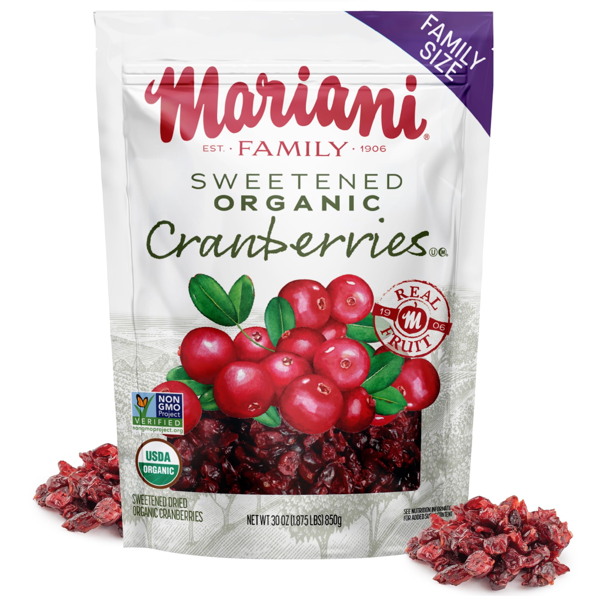 Mariani Organic Dried Cranberries, 30oz, Bulk Family Size Value Pack, Sweetened Organic Cranberries Dried Fruit, Vegan, Gluten-Free