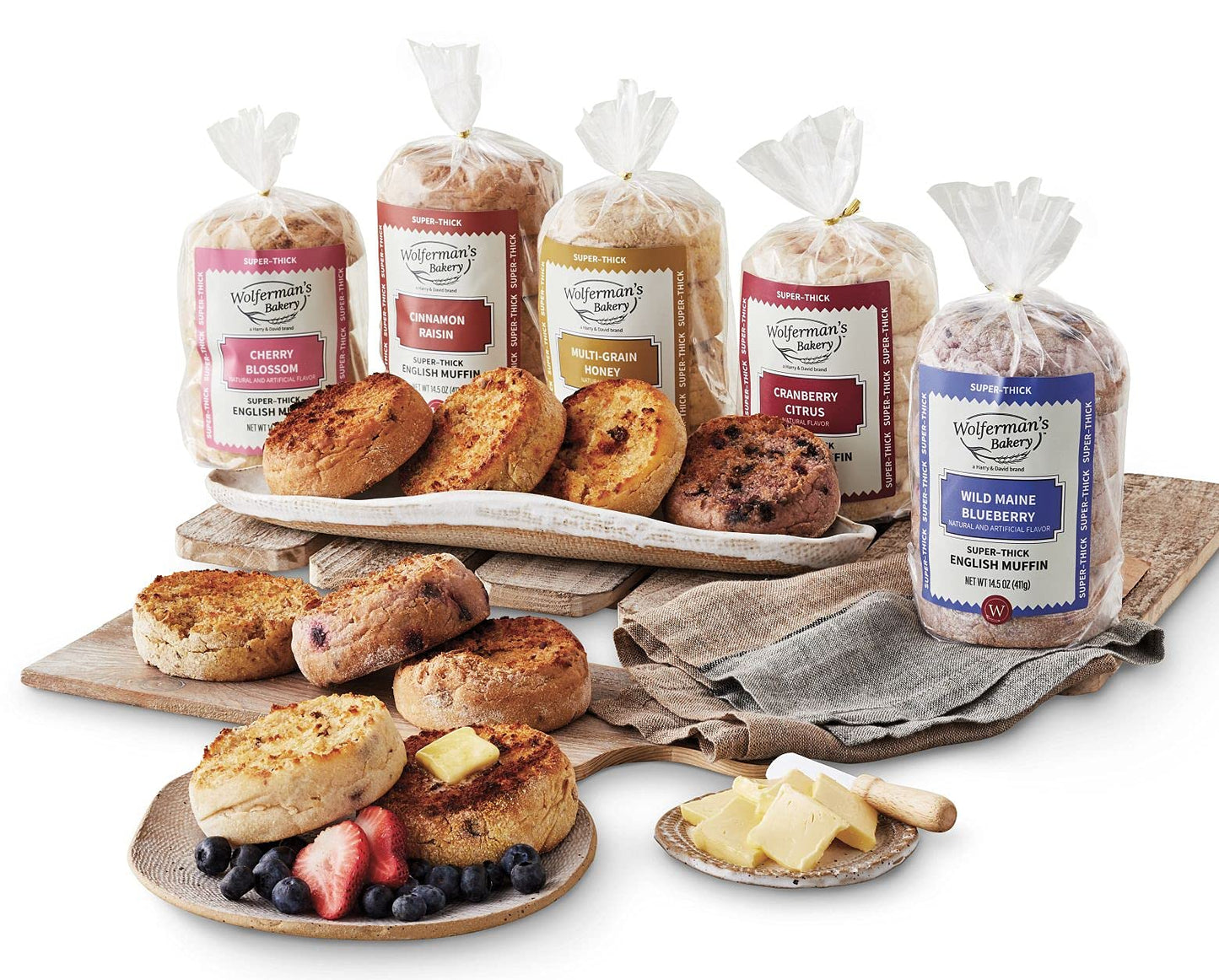 Wolferman's Super-Thick English Muffins, Multi-Grain Honey, Cinnamon Raisin, Blueberry, Cranberry Citrus, And Cherry Blossom, Breakfast Sandwiches
