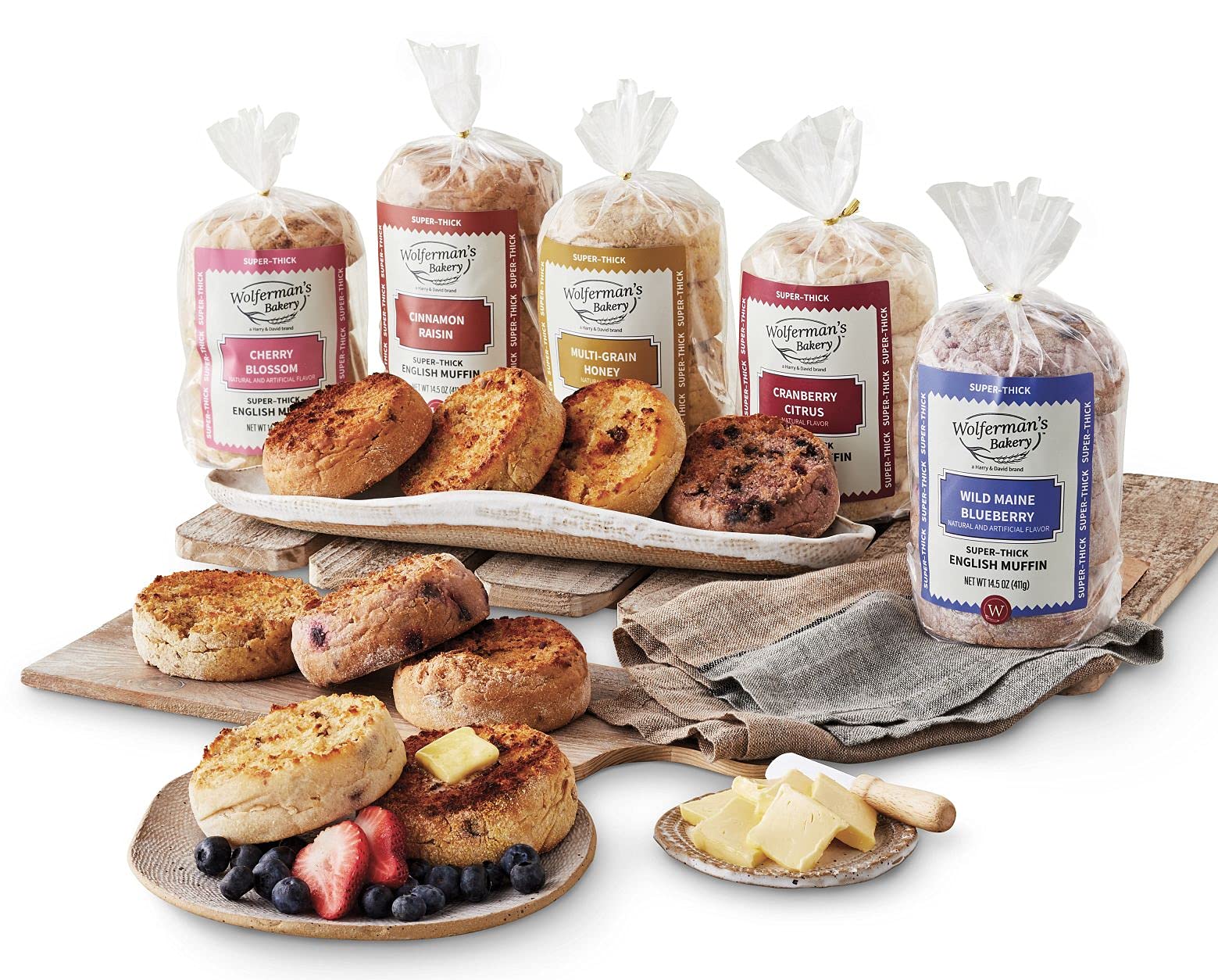 Wolferman's Super-Thick English Muffins, Multi-Grain Honey, Cinnamon Raisin, Blueberry, Cranberry Citrus, And Cherry Blossom, Breakfast Sandwiches