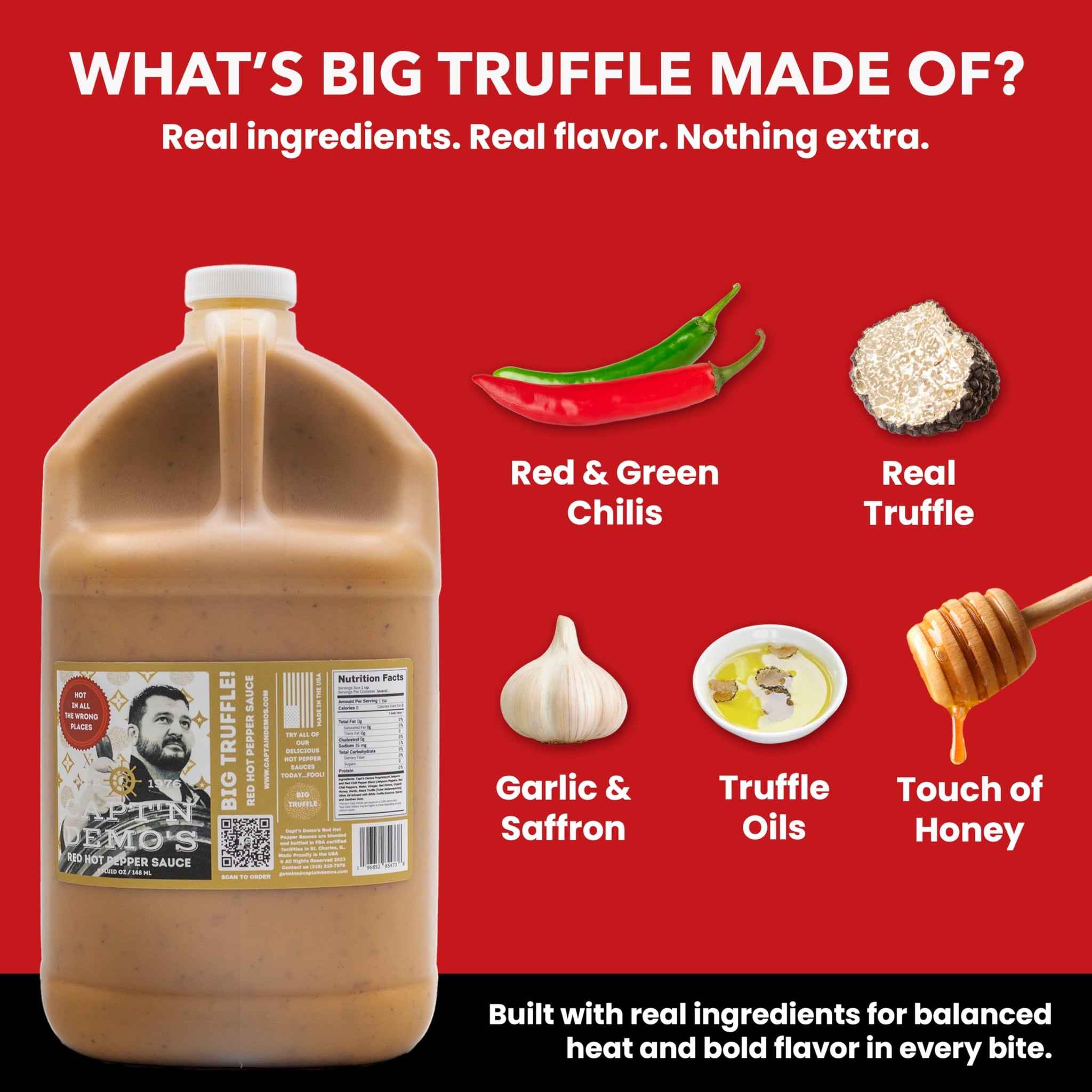 CAPTAIN DEMO's BIG TRUFFLE Red Hot Pepper Sauce - 1 Gallon Bottle, Gourmet Hot Sauce Withb Black & White Truffle Oil, Garlic, Hot Honey Heat - Never
