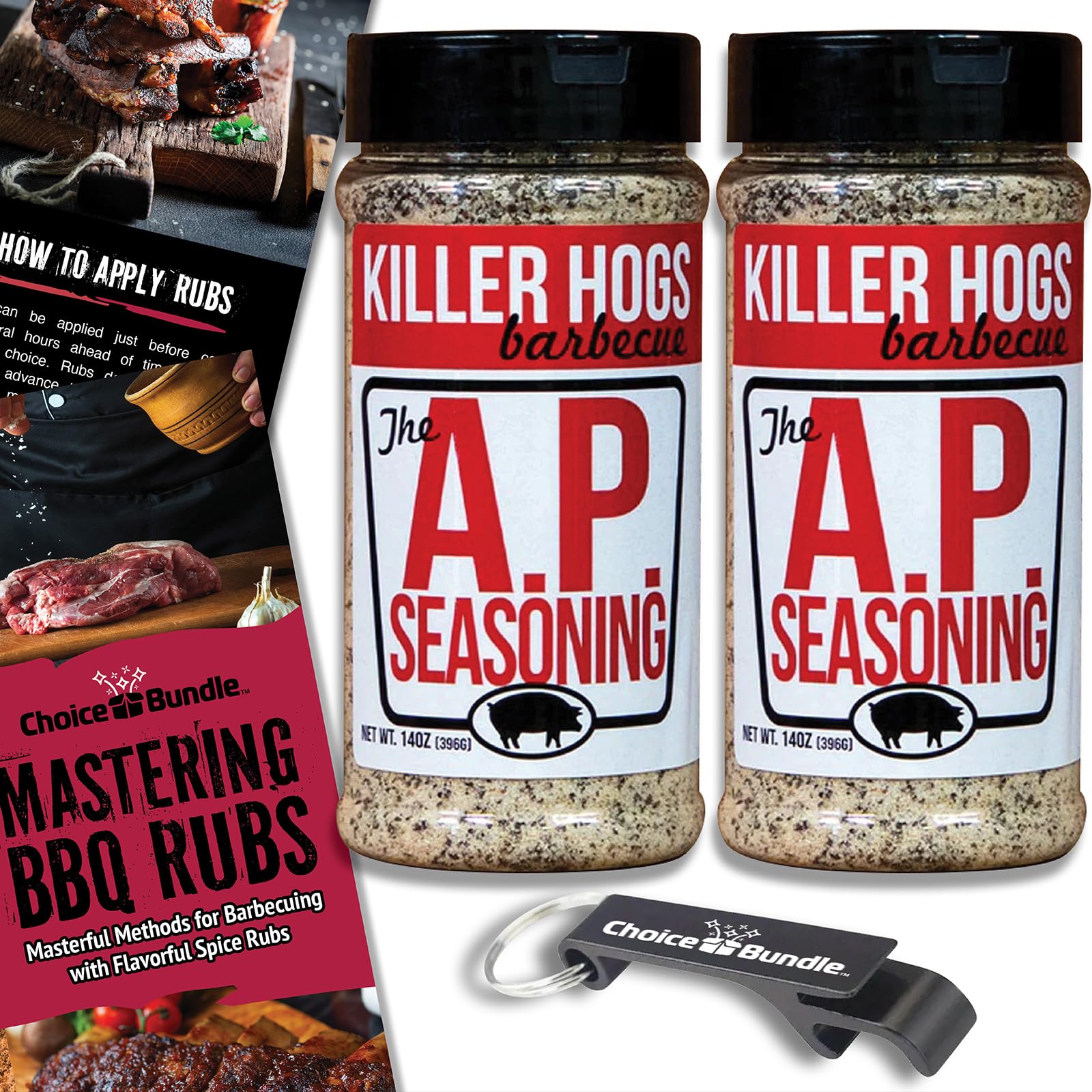 Killer Hogs AP Seasoning All Purpose Premium Barbecue Rub 2 pk (28 oz) + BBQ Guide & Bottle Opener (4 Items)!