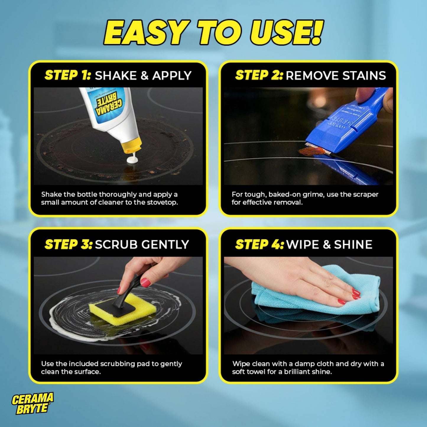 Cerama Bryte Glass Cooktop and Stove Top Cleaner Combo Kit - Includes Cleaning Tool, Razor, Scraper and 3 Pads to Remove Tough Stains - Use on Gas