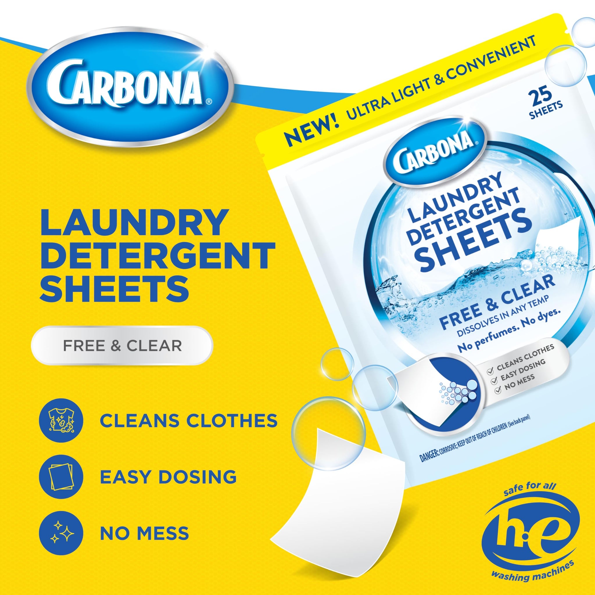 Carbona Laundry Detergent Sheets | Eco-Friendly Washing Detergent | Up to 50 Loads (25 Sheets) | Stain Remover | No Perfume or Dyes | Free & Clear