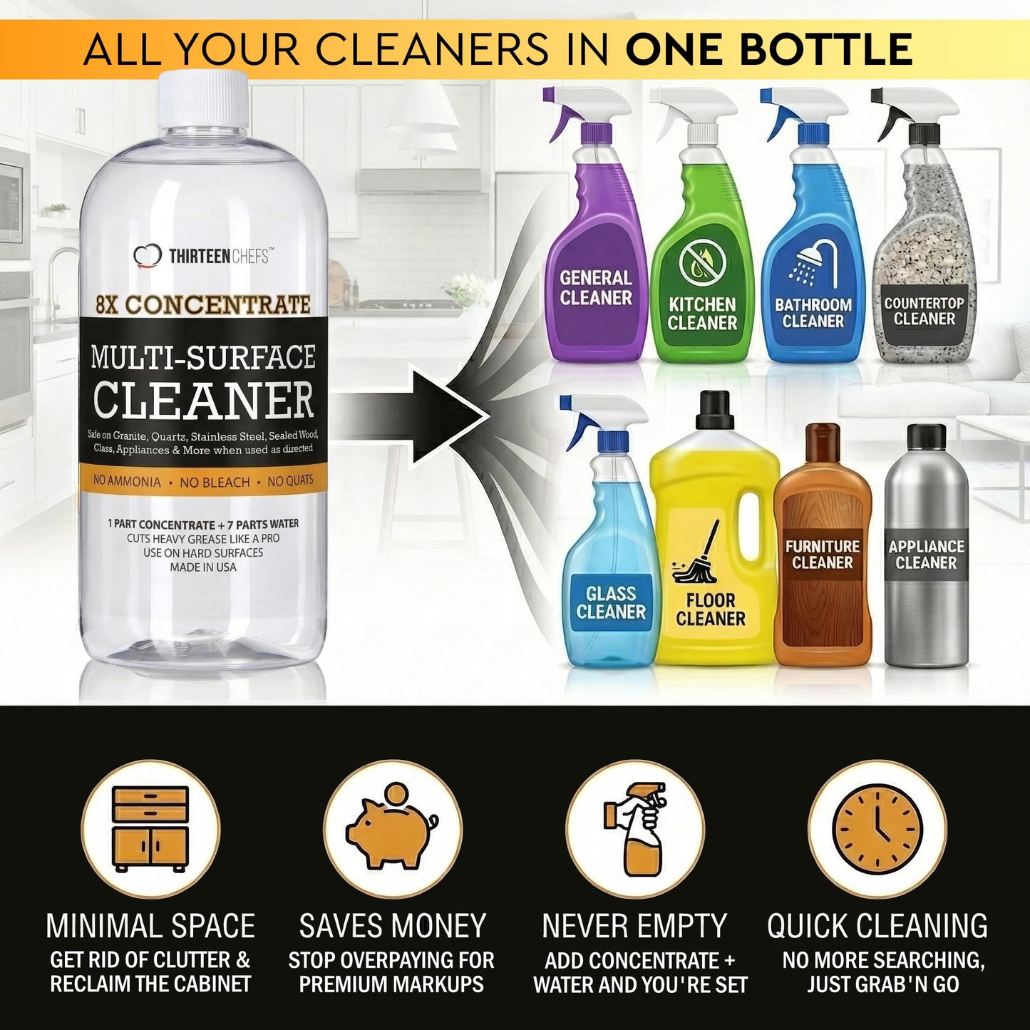 Thirteen Chefs 8X Multi-Surface Cleaner Concentrate - Makes 1 Gallon of Cleaner for Kitchen and Bath - Safe for Granite and Quartz Countertops - 16oz