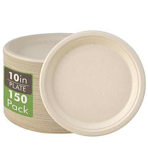 Vplus 150 Pack Compostable Disposable Paper Plates 10 inch Super Strong 100% Bagasse Natural Biodegradable Eco-Friendly Sugarcane Plates(nature)