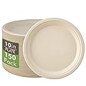 Vplus 150 Pack Compostable Disposable Paper Plates 10 inch Super Strong 100% Bagasse Natural Biodegradable Eco-Friendly Sugarcane Plates(nature)
