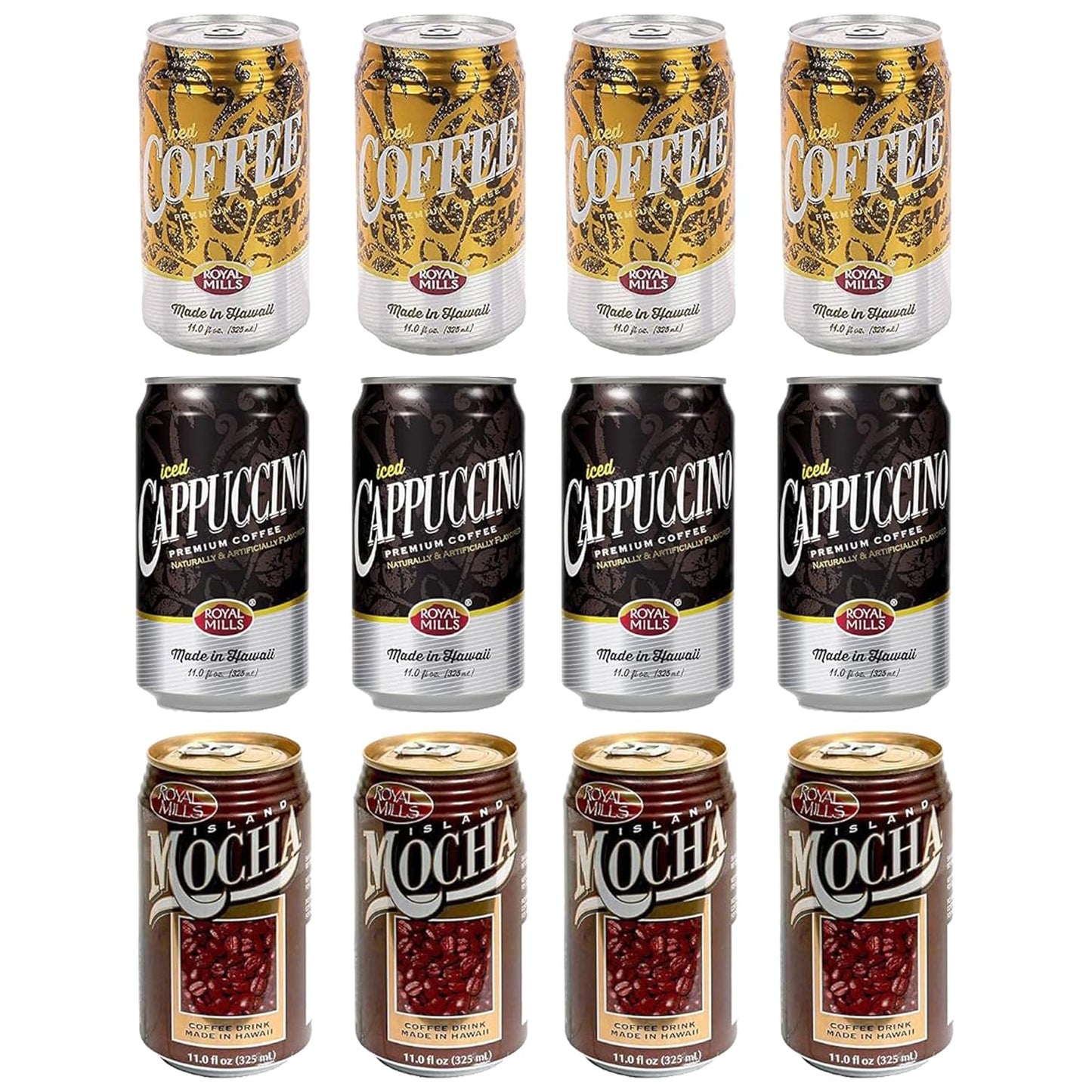[Pack of 12] Royal Mills Variety Pack (Iced Cappuccino, Mocha, Iced Coffee) Made in Hawaii - 11 Fl Oz