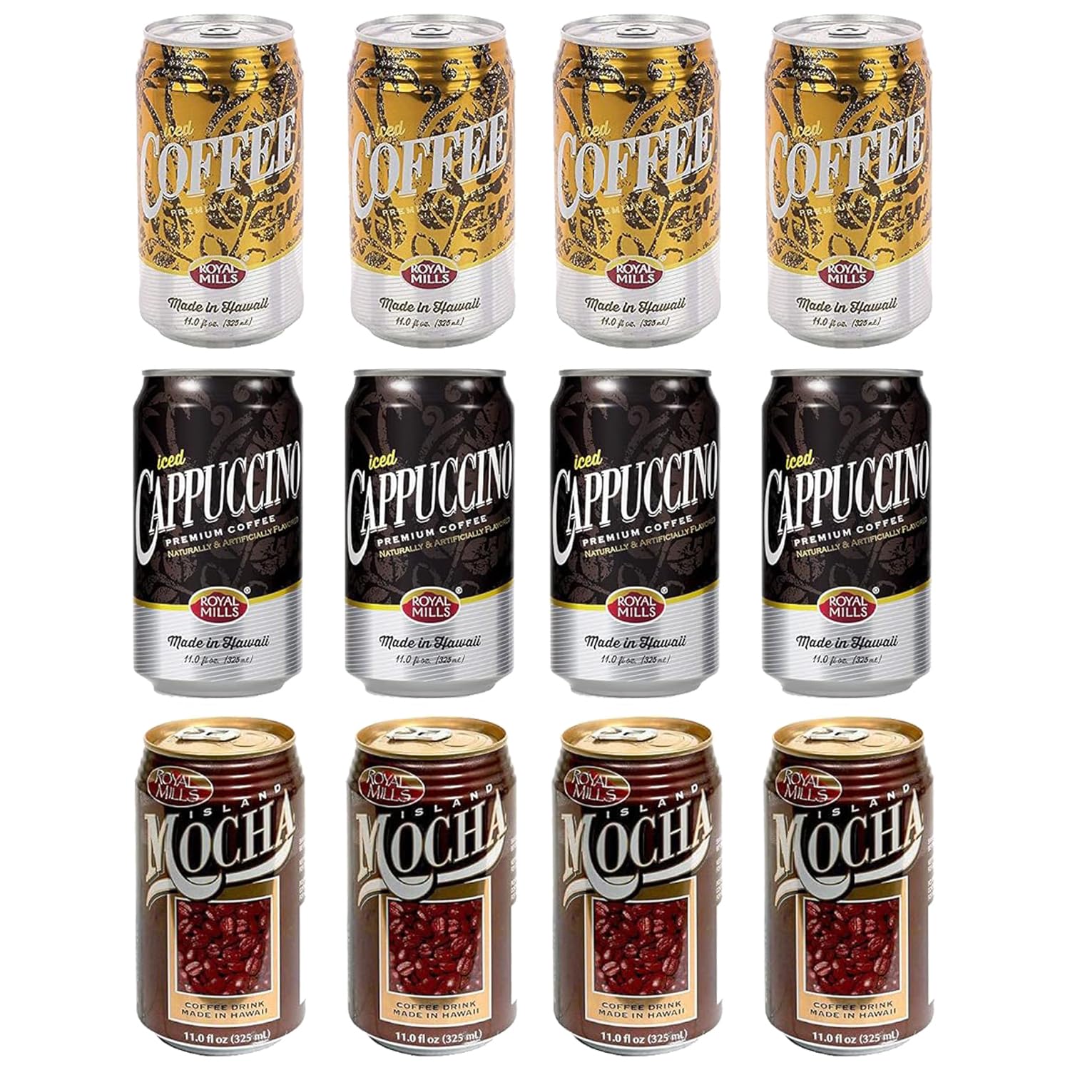 [Pack of 12] Royal Mills Variety Pack (Iced Cappuccino, Mocha, Iced Coffee) Made in Hawaii - 11 Fl Oz