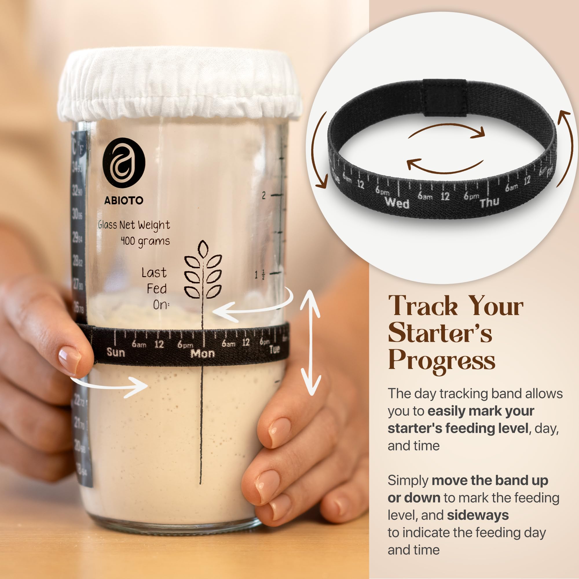 ABIOTO Sourdough Starter Kit, Includes 24 oz Sourdough Starter Jar with Metallic Lid, Silicone Spatula, Feeding Tracker, Extra Thermometer Strips