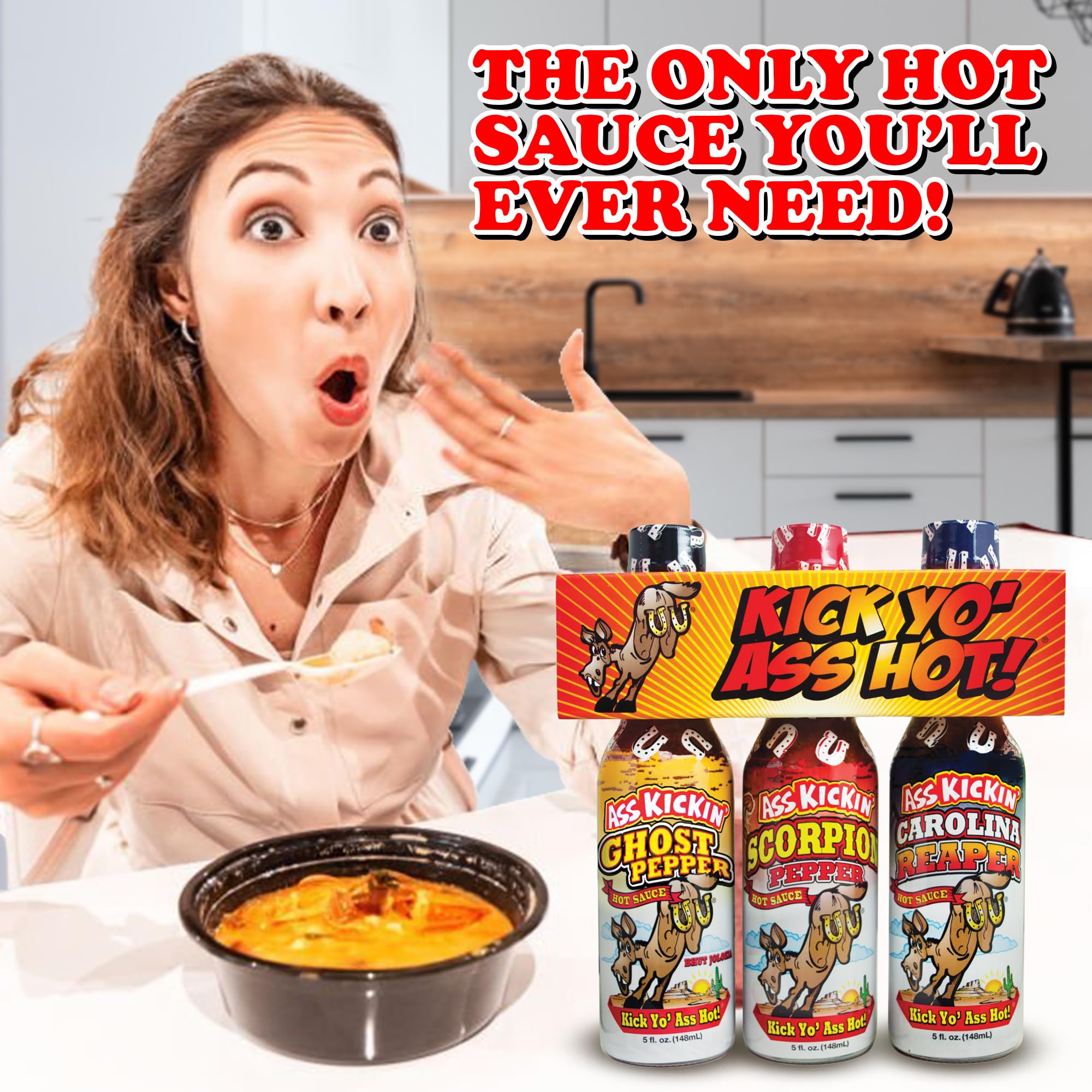 Kick Yo' As Hot Sauce Bottles Gift Set - Ghost Pepper, Scorpion and Carolina Reaper Hot Sauces - Try if you dare! - Perfect Stocking Stuffers or