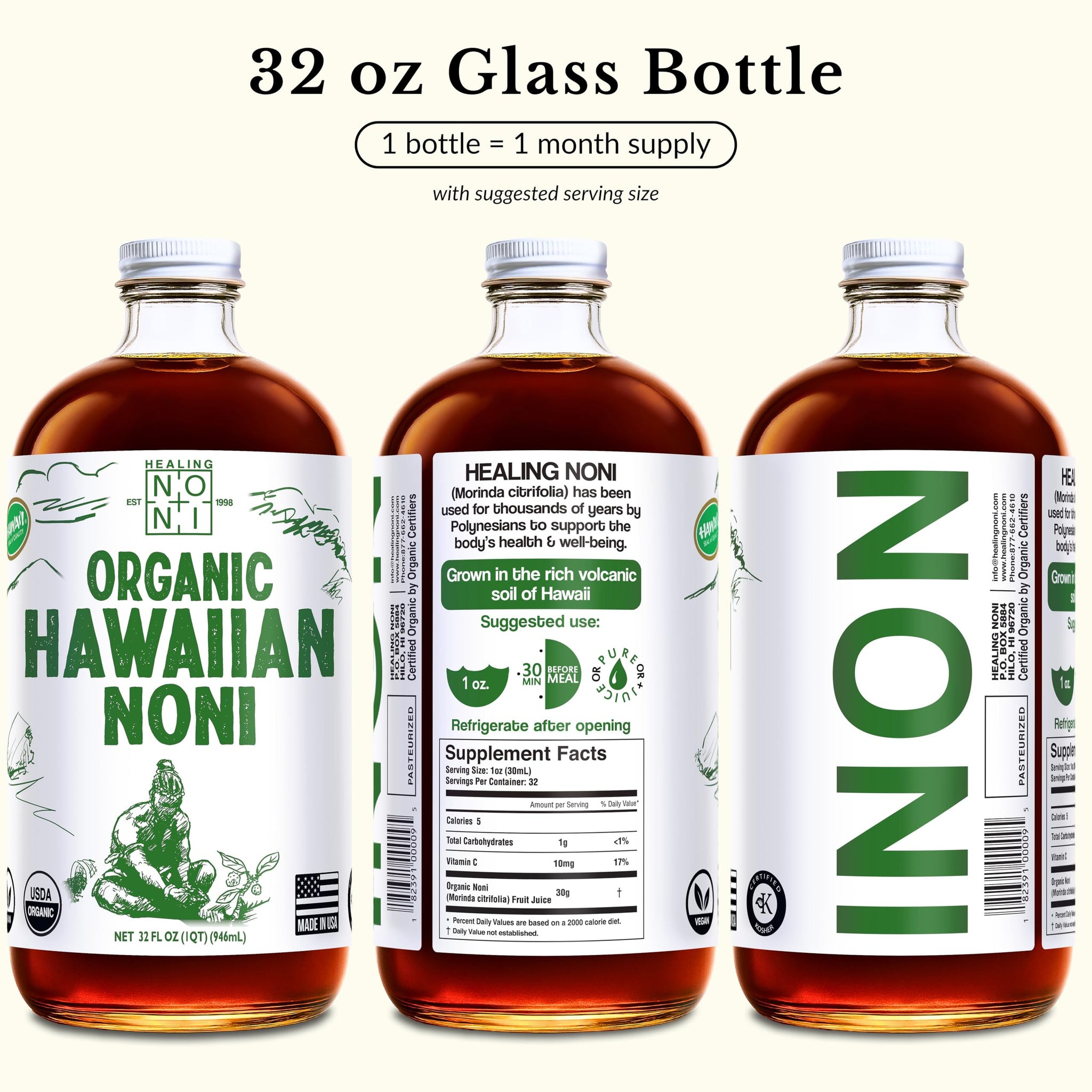 Healing Noni - 100% Pure Noni Juice - USDA Organic, Full Strength, Wellness Drink, Hawaiian-Grown Superfood - (32oz, 4 Pack)