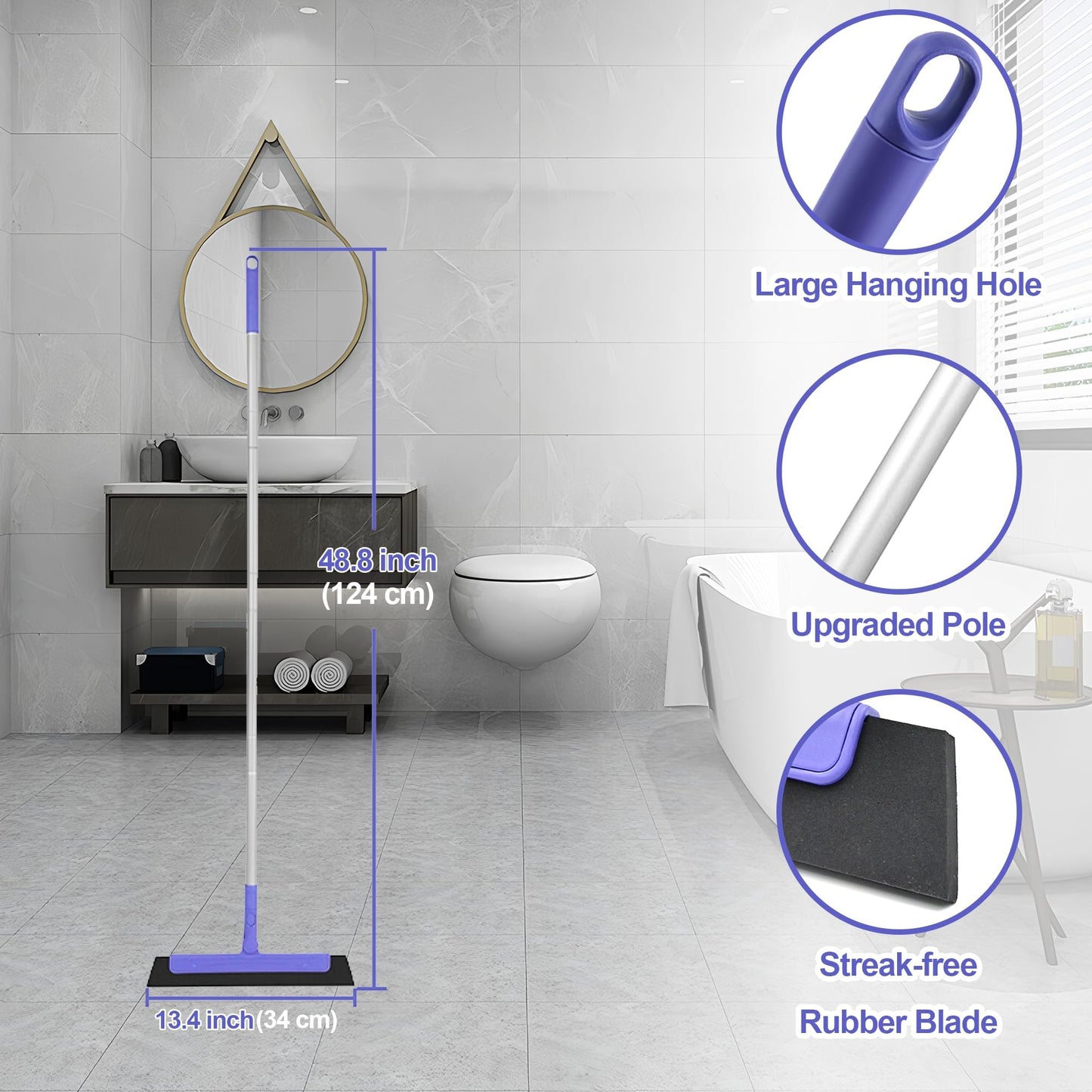 TRENNCHI Floor Squeegee with 180° Rotating Head, EVA Foam Blade Squeegee for Floor with Adjustable Aluminum Long Handle, Squeegee Broom for Window