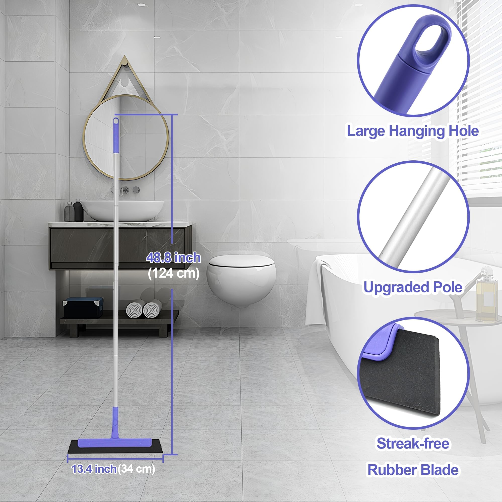 TRENNCHI Floor Squeegee with 180° Rotating Head, EVA Foam Blade Squeegee for Floor with Adjustable Aluminum Long Handle, Squeegee Broom for Window