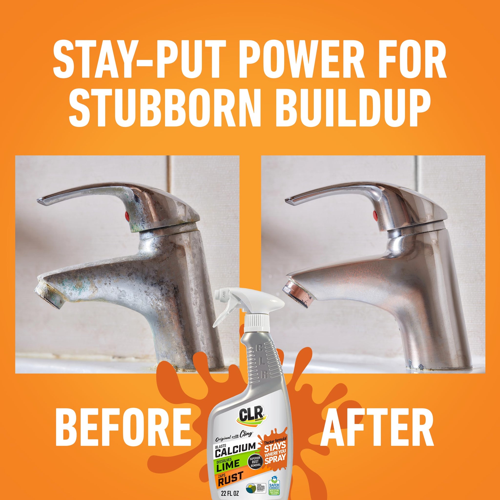 CLR Brands Calcium, Lime & Rust Remover with Cling, 22 oz. Spray Bottle, Adheres to Hard-to-Reach Surfaces, Blasts Calcium, Dissolves Lime Deposits