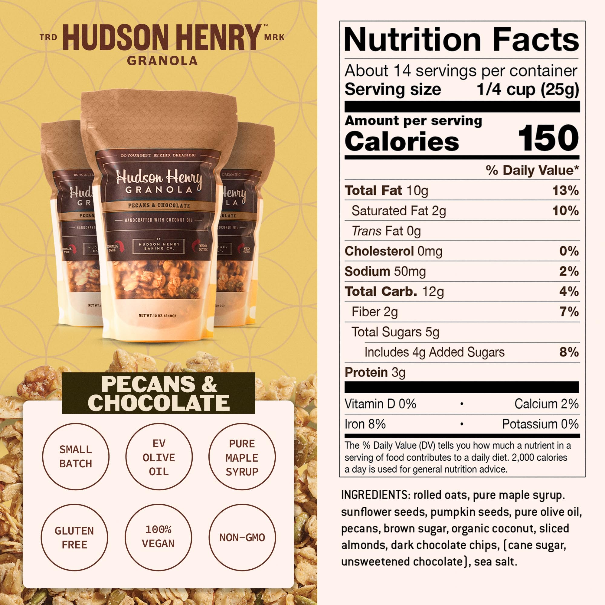 Hudson Henry Chocolate Pecan Granola for Yogurt, Snacking & Cereal | Dark Chocolate Granola with Pecans & Oats | Gluten Free, Non-GMO, Small Batch