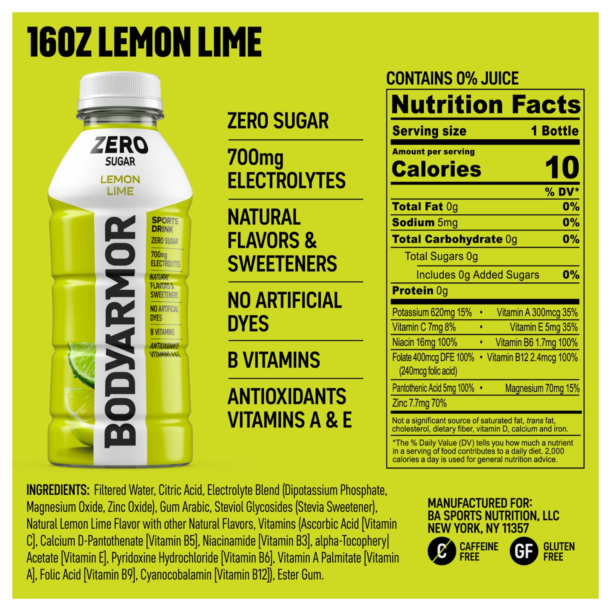 BODYARMOR ZERO Sugar Lemon Lime Electrolyte Drink, Natural Flavors, 16 Fl Oz Bottles (12 Pack), B Vitamins & Antioxidants Sugar Free Hydration