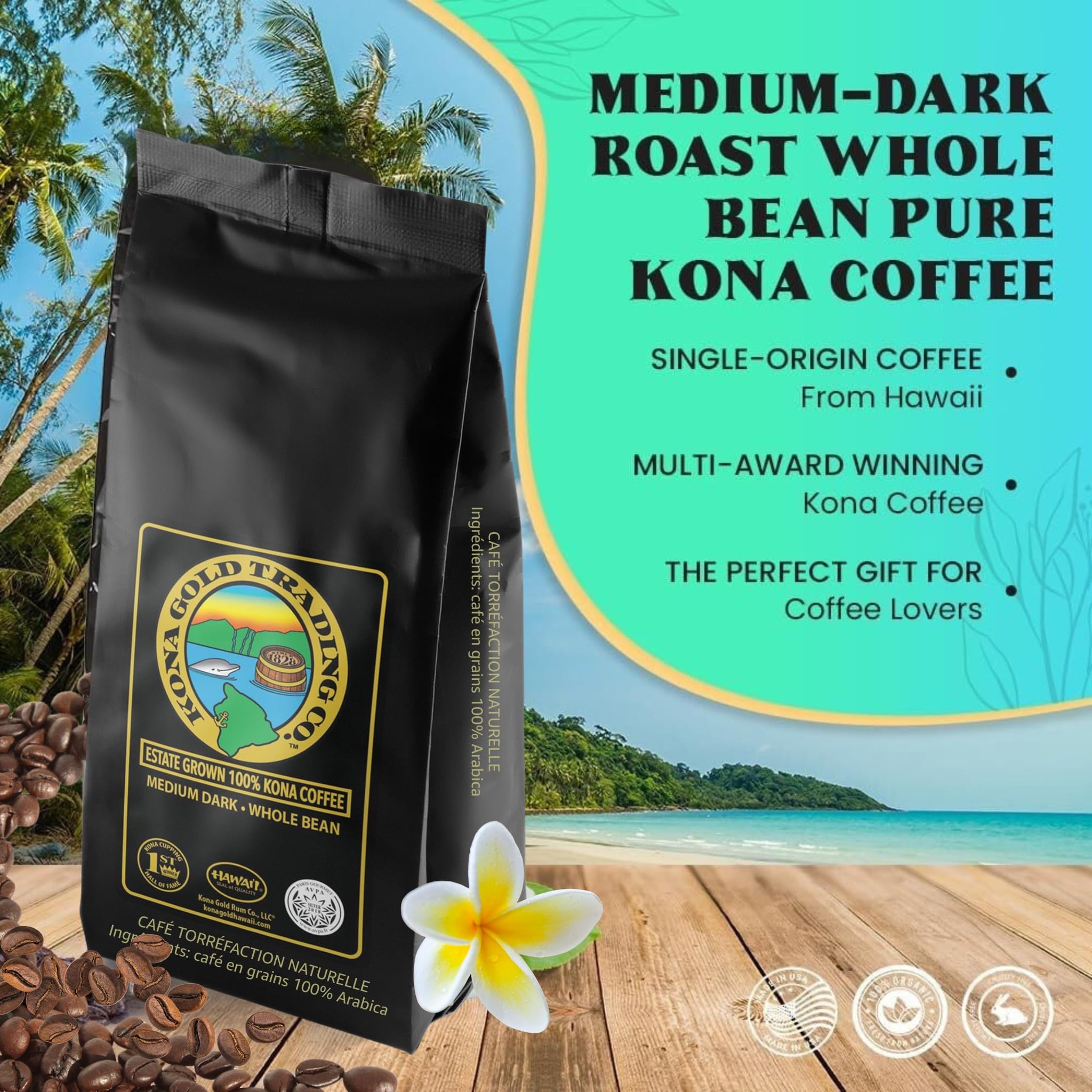 8oz 100% Kona Coffee Whole Beans by Kona Gold Rum Co. - Extra Fancy Freshly Roasted Medium/Dark Roast, Peach Notes with Cream Tones - Kona Coffee